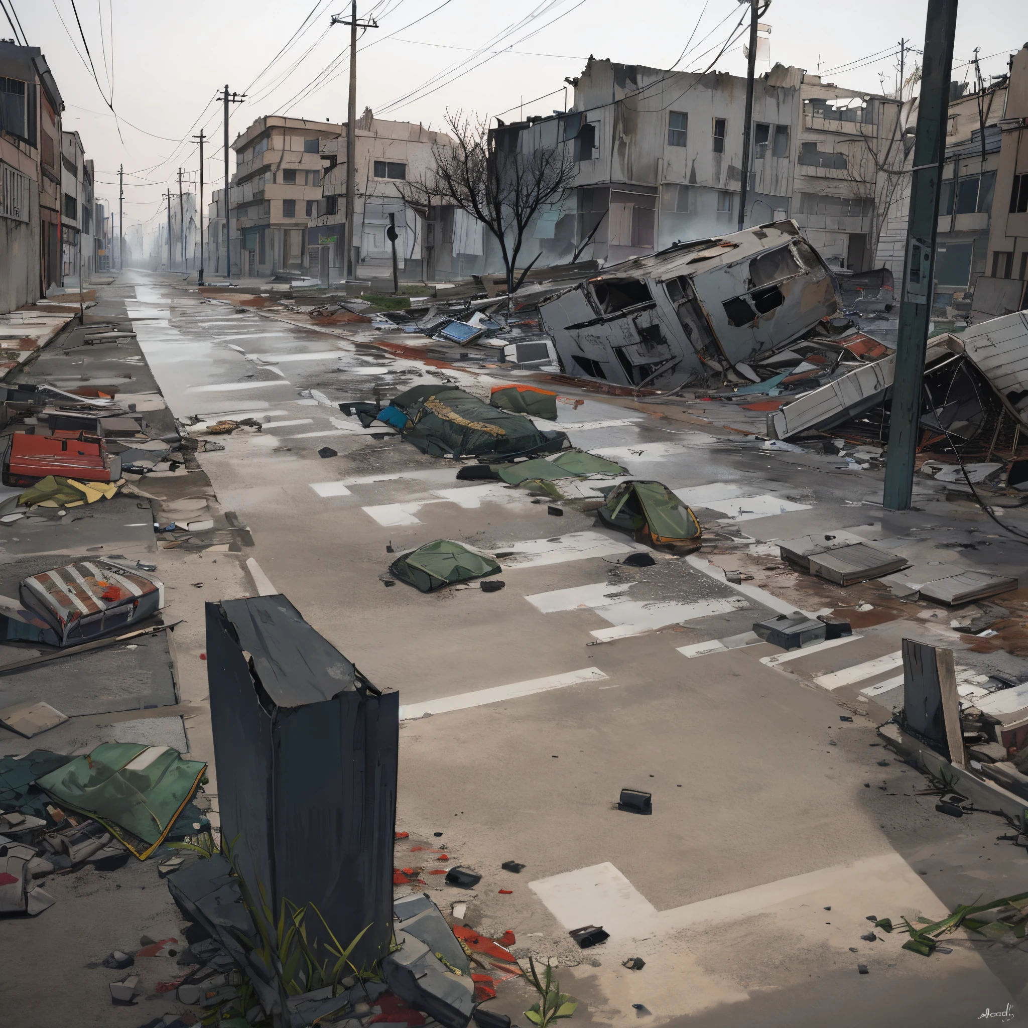 war, semi destroyed town, eerie, dead bodies, guns on ground