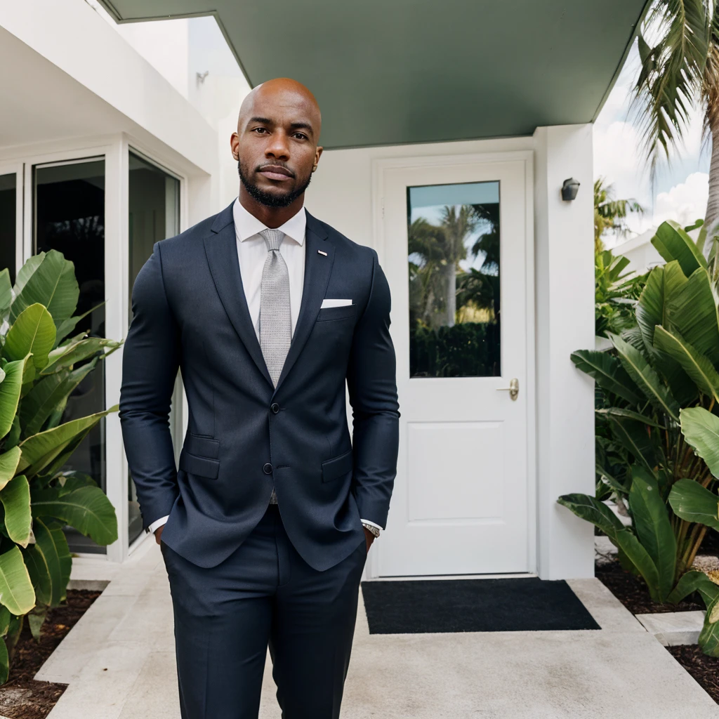 26 year old black guy mathys(real estate agent) with muscles and bald head with a elegant suit hands in his pockets sells a miami villa