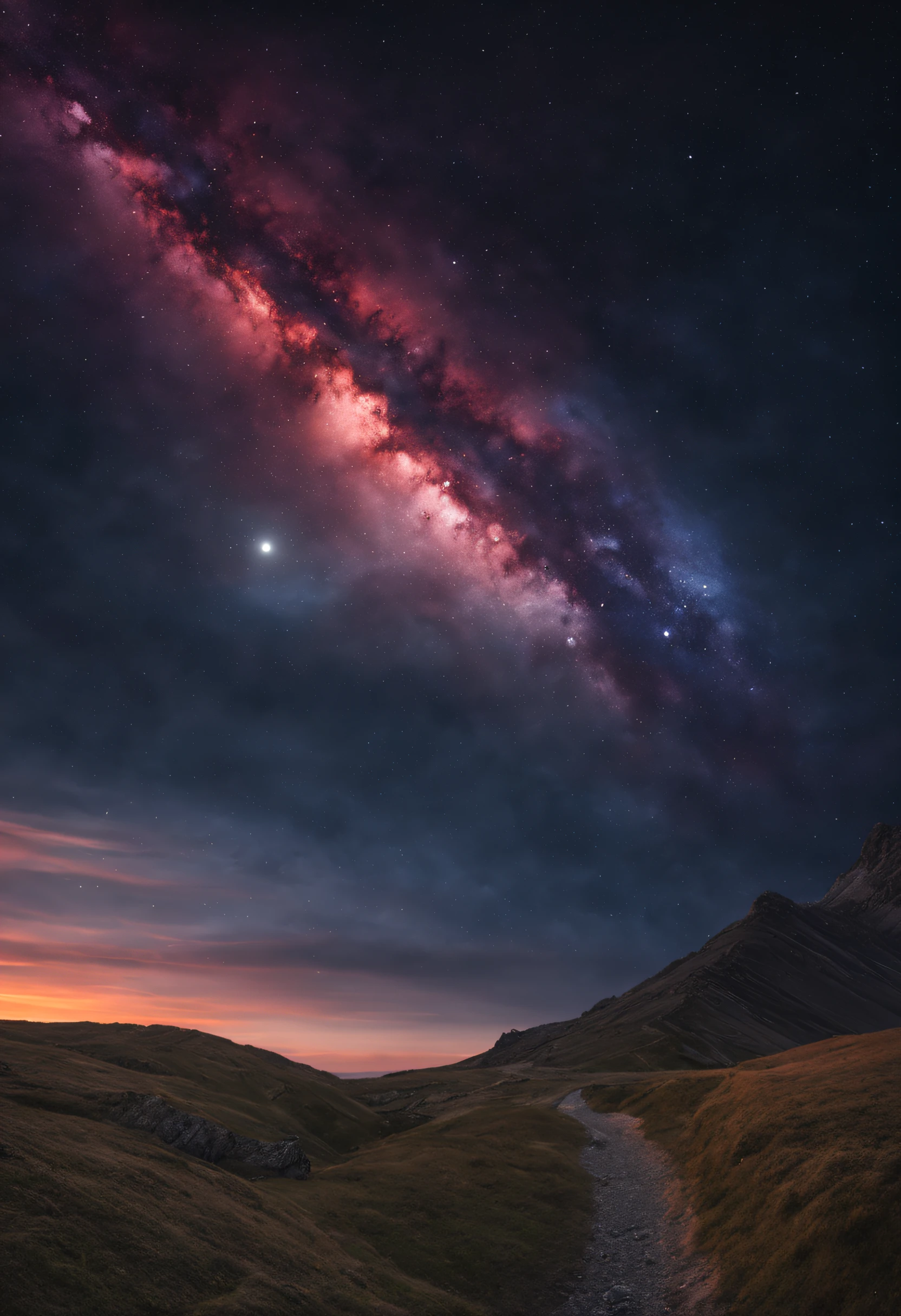 A magnificent coucher de soleil three textured on the edge'une flalaise, avec la lune et la galaxie visibles. C'It is three detailed and textured
