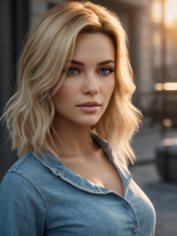 Photorealistic of a insanely beautiful woman with blonde windy messy hair, in the style of panasonic lumix s pro 50mm f/1.4, light beige and dark azure, celebrity images mashups, soft realism, barbiecore, unreal engine 5, 32k uhd, luminous quality, swiss realism, niji 5
