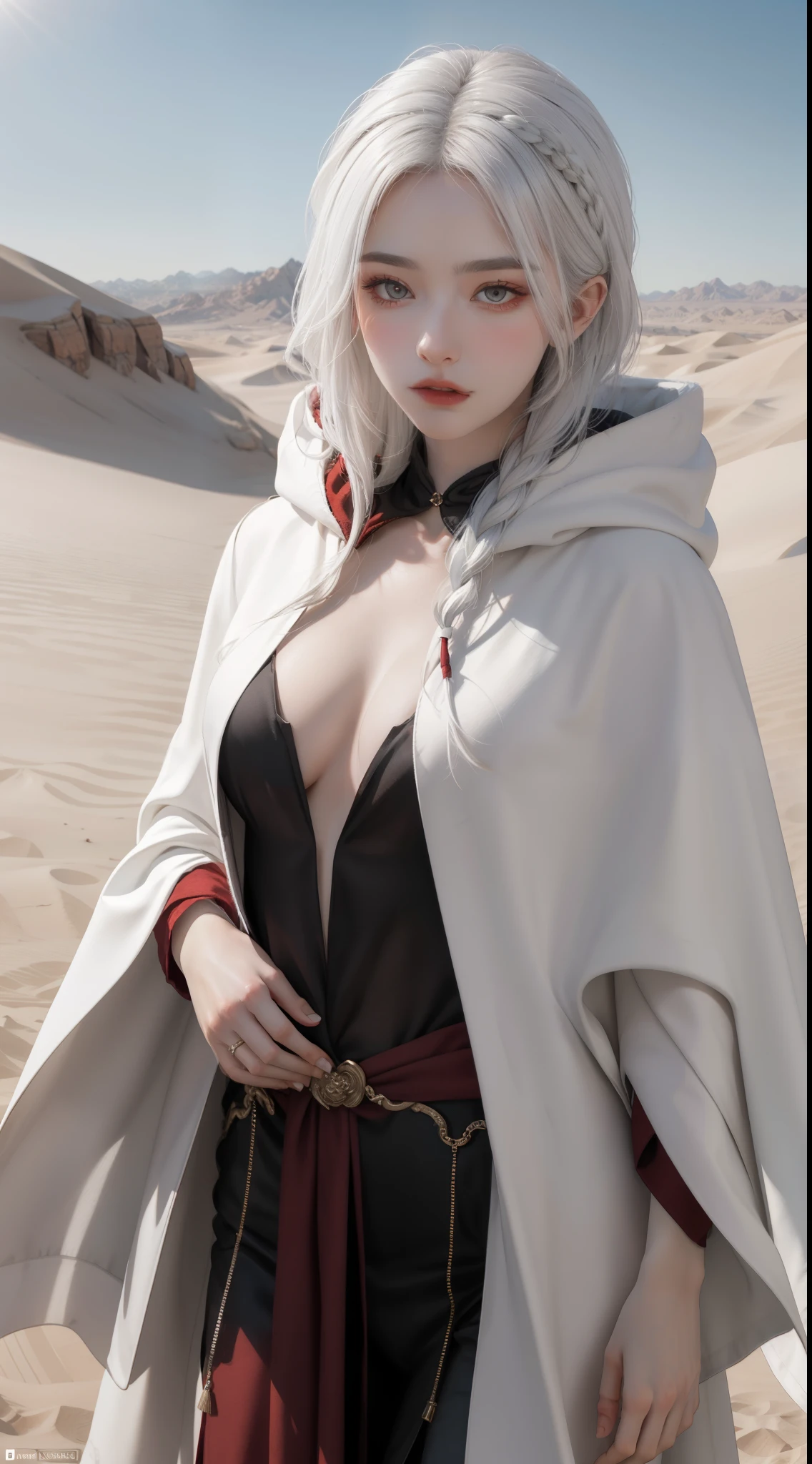 "Epic desert daylight atmosphere, stunning 4k artwork showcasing an elegant milf with her white hair tied up. Her deep red eyes pierce through the scene as she gracefully dons a white heroine cloak and hood in the midst of the vast desert."