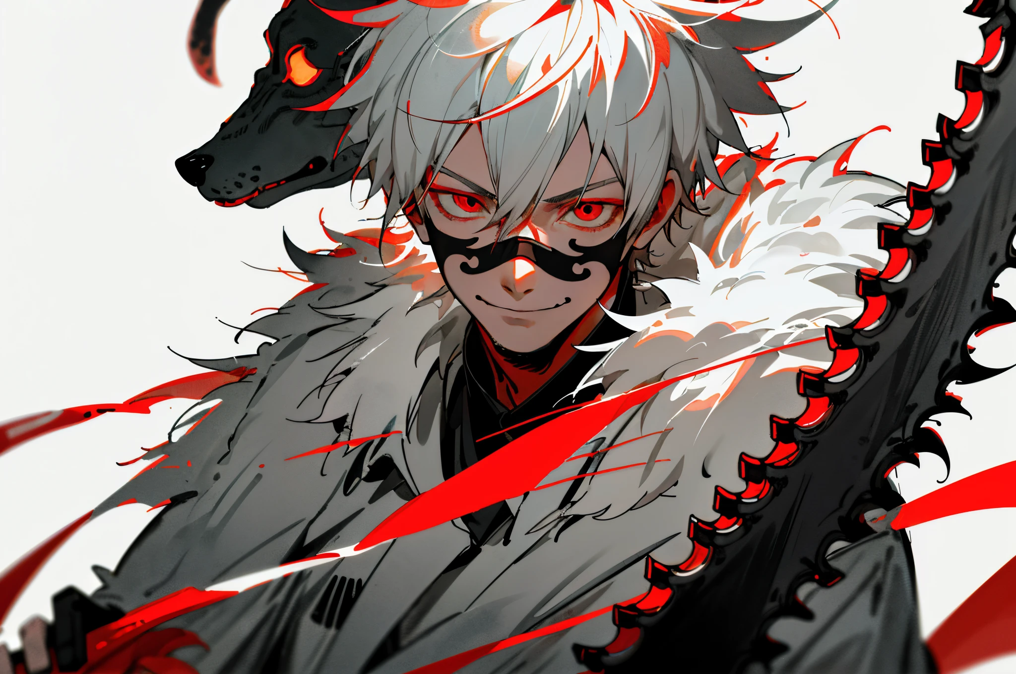 Masterpiece, best quality, (Chinese ink painting), (illustration), (1 man), ((cute boy holding a red chainsaw)), (a red chainsaw), Chinese style, (Old Chinese male), (russ mills style), (short white hair), (messy white hair), (white skin), (red eye), cute, (white fur clothing), Tang dynasty, dark gray, hiroshi yoshida, (close-up), (large background), (chiaroscuro), fine facial details, facial details, cinematic lighting, (depth of field), UHD, (upper body)