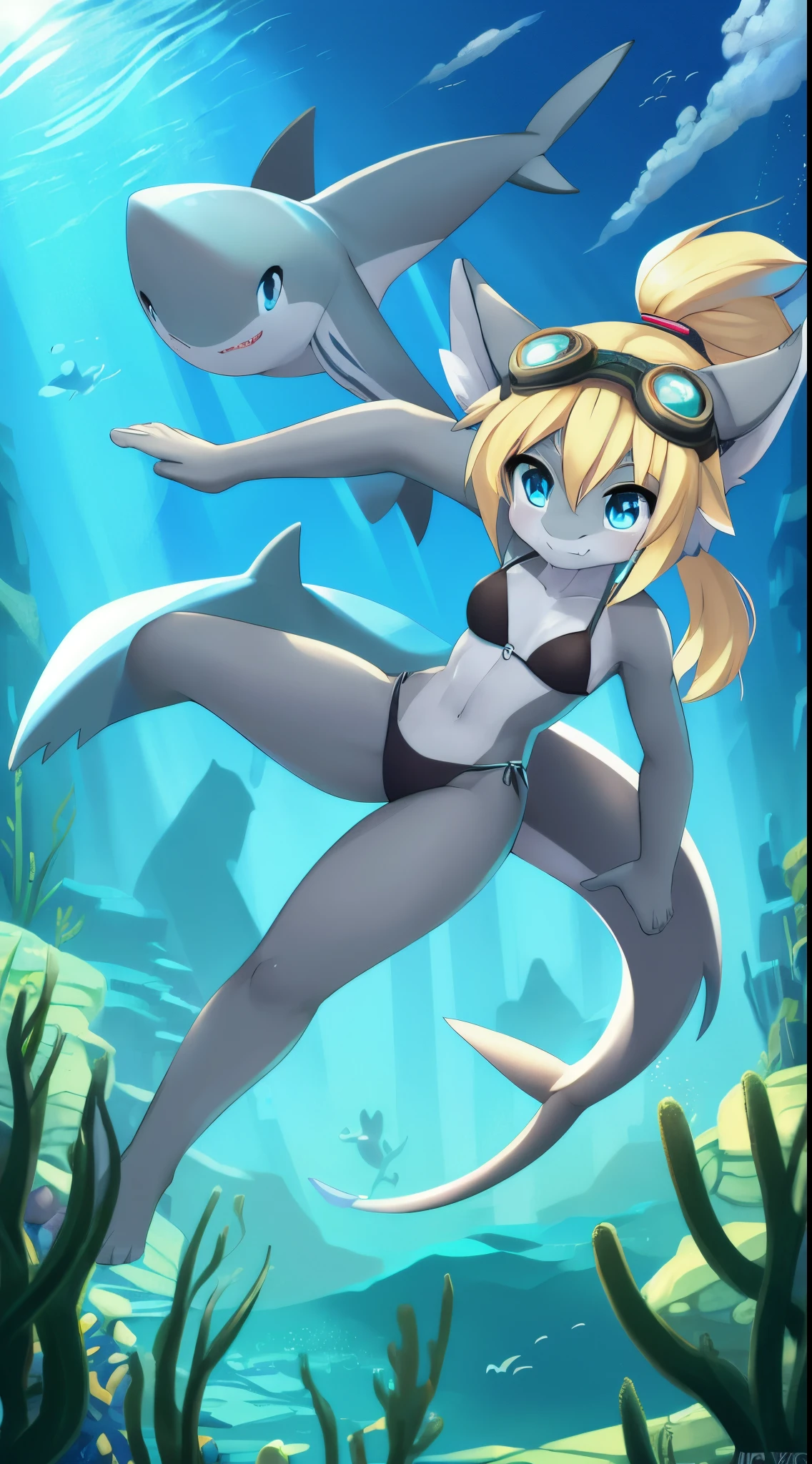 Shark girl, anthro, young, cute hair, long ponytail, blonde hair, blue eyes, medium breasts, detailed body, furry ears, shark nose, blue vest, open clothes, black bikini, masterpiece, looking at you, two tone body skin, gray body skin, clear gray body skin, detailed face, detailed eyes, detailed body, perfect lighting, perfect shadows, perfect eyes, perfect hair, perfect face, gorgeous body, detailed hands, glistering body, shiny body, skinny, spectacular effect, goggles, fangs, :3, full body, feets whit three toes, underwater, Atlantis, holding a trident, big trident, action stance,