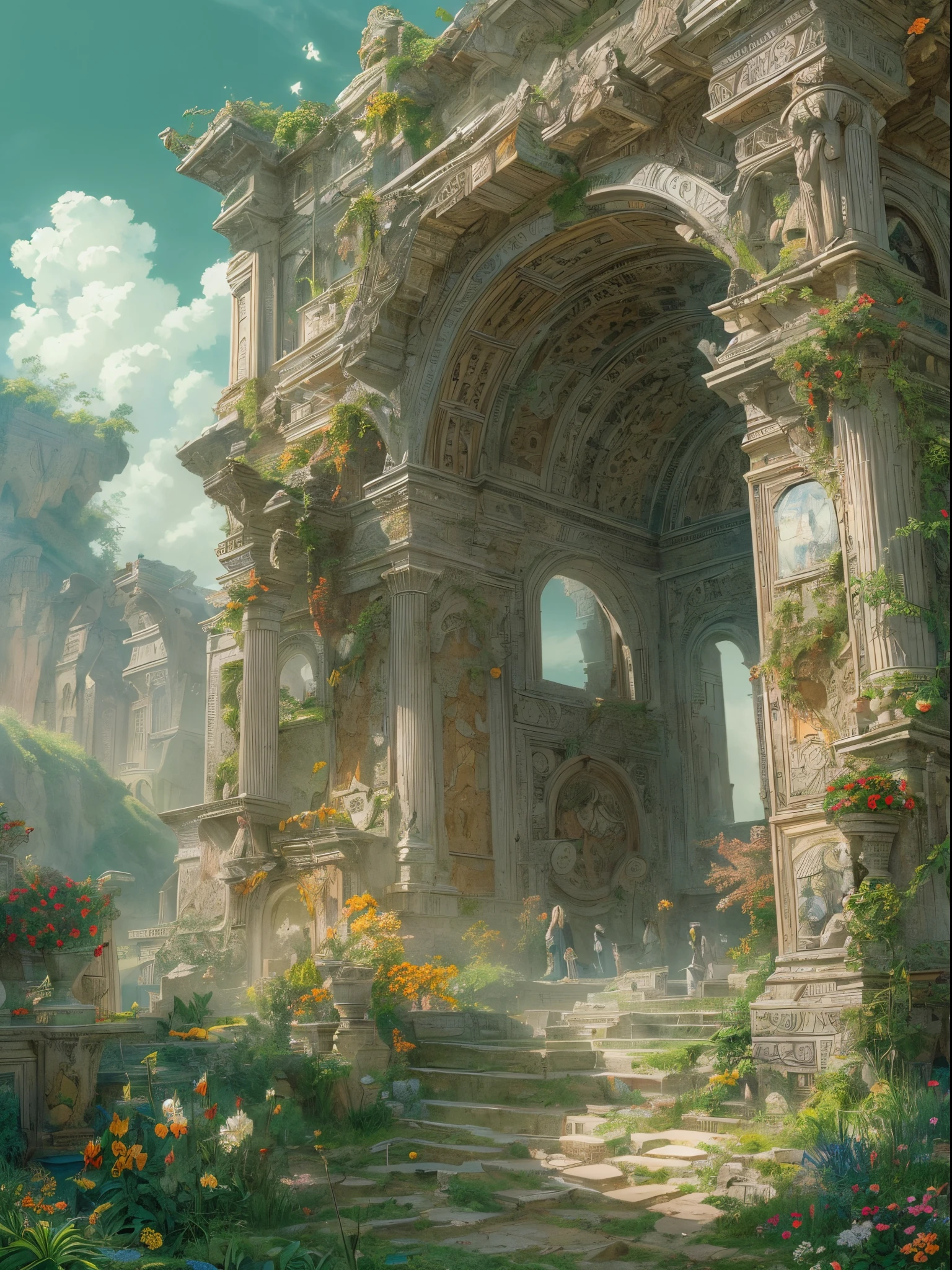 ((Finest quality)),(超A high resolution),(ultra-detailliert),(Meticulous portrayal),((Best Anime)),(Finest works of art),(Ultra-Precision Art),(The art of astounding depiction,Overwhelming depiction:1.5),(intricate and detailed art:1.6), (femele:1.6), Warm sunshine:1.6,floating particles of light:1.3, breezing:1.5, Ruins covered with vegetation:1.3