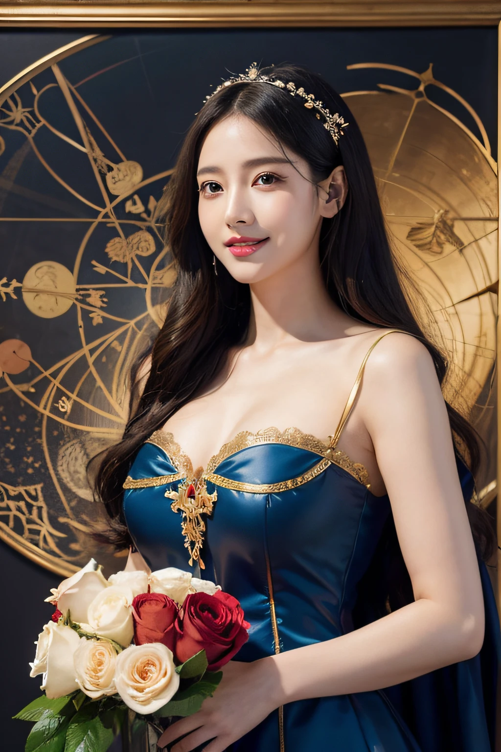 Geometry,stain glass,12 zodiac signs,Vigée Leblanc style,Math、Astronomical utensils,astronault,Roses in a vase,fruits,cute little,A smile,Ancient Greek costumes,Paintings by Sandro Botticelli,Costume with stretched shoulders,huge smile,large full breasts,Ecstasy expression,A sexy