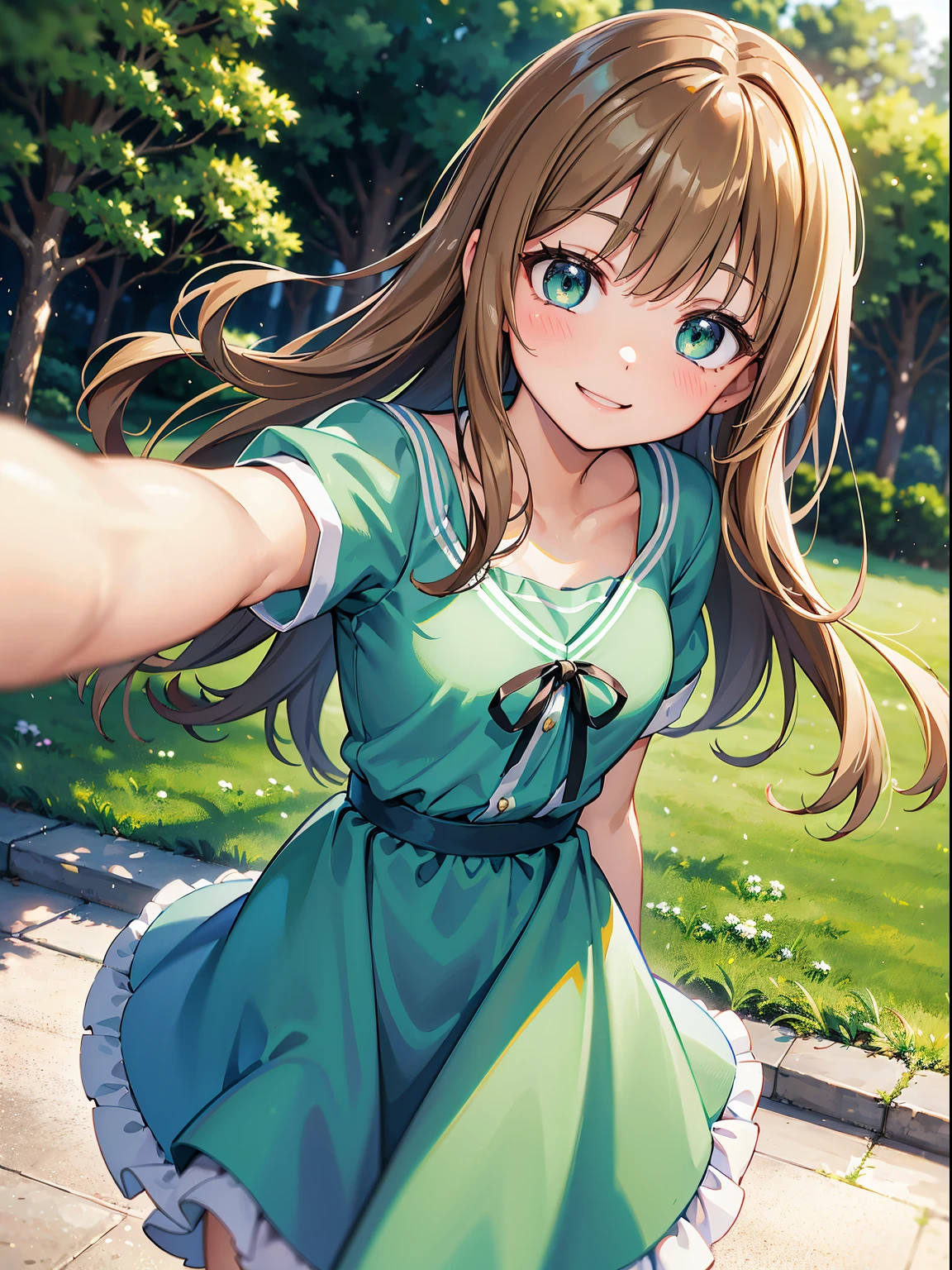 (RAW Photos, Best Quality), (animesque: 1.2), Portrait of 18 year old woman with light brown hair, Curled green eyes, Blue dress, Smiling smile, Singing, (Leaning against a tree), Background blur, The depth of field is shallow, Professional Lighting, Photon mapping, Physically Based Rendering,