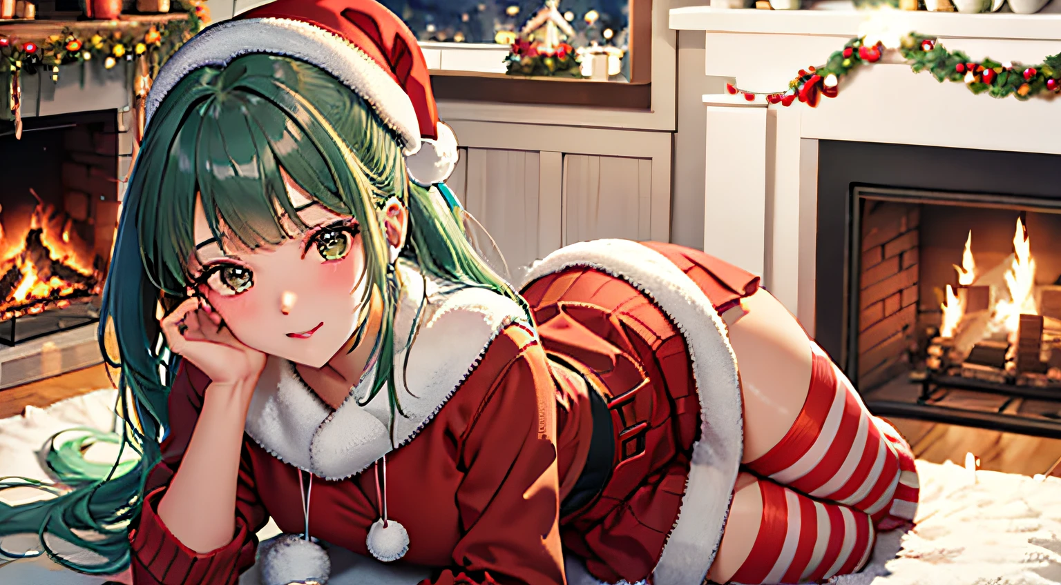 top-quality、​masterpiece、Super Detail、draw the background in detail、细致背景、detailed portrait、1girl in、（poneyTail、With bangs、eyes are brown、Green hair、small tits、Santa Claus hat、long-sleeve、Santa Claus clothes、velor fabric、knee-length velor skirt、red and white striped socks）、（Winters、Inside a log cabin、fireplace、Christmas Dinner、Big Christmas Tree）、a lot of、A tiny、Christmas present、Stuffed reindeer、Christmas Wreath、christmas decorated interior、