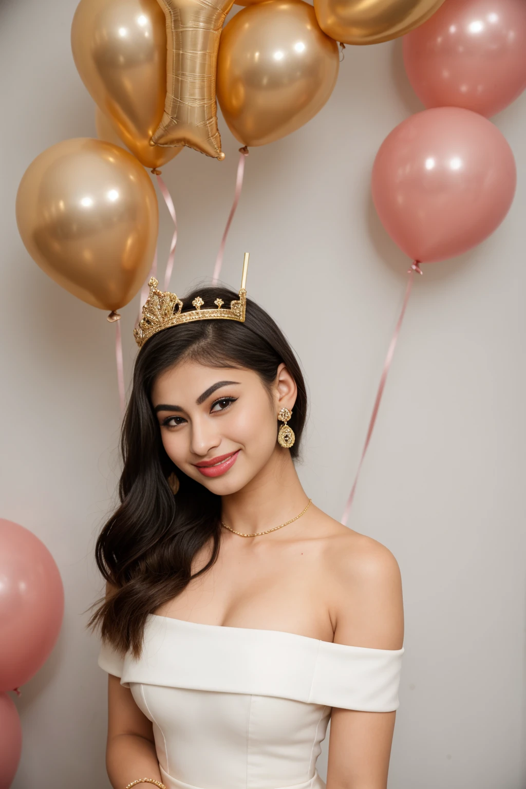girl named mouni roy, wearing off shoulder dress, smiling, birthday, makeup, portait photo, sleek hair, wearing crown, balloons, is cutting birthday cake