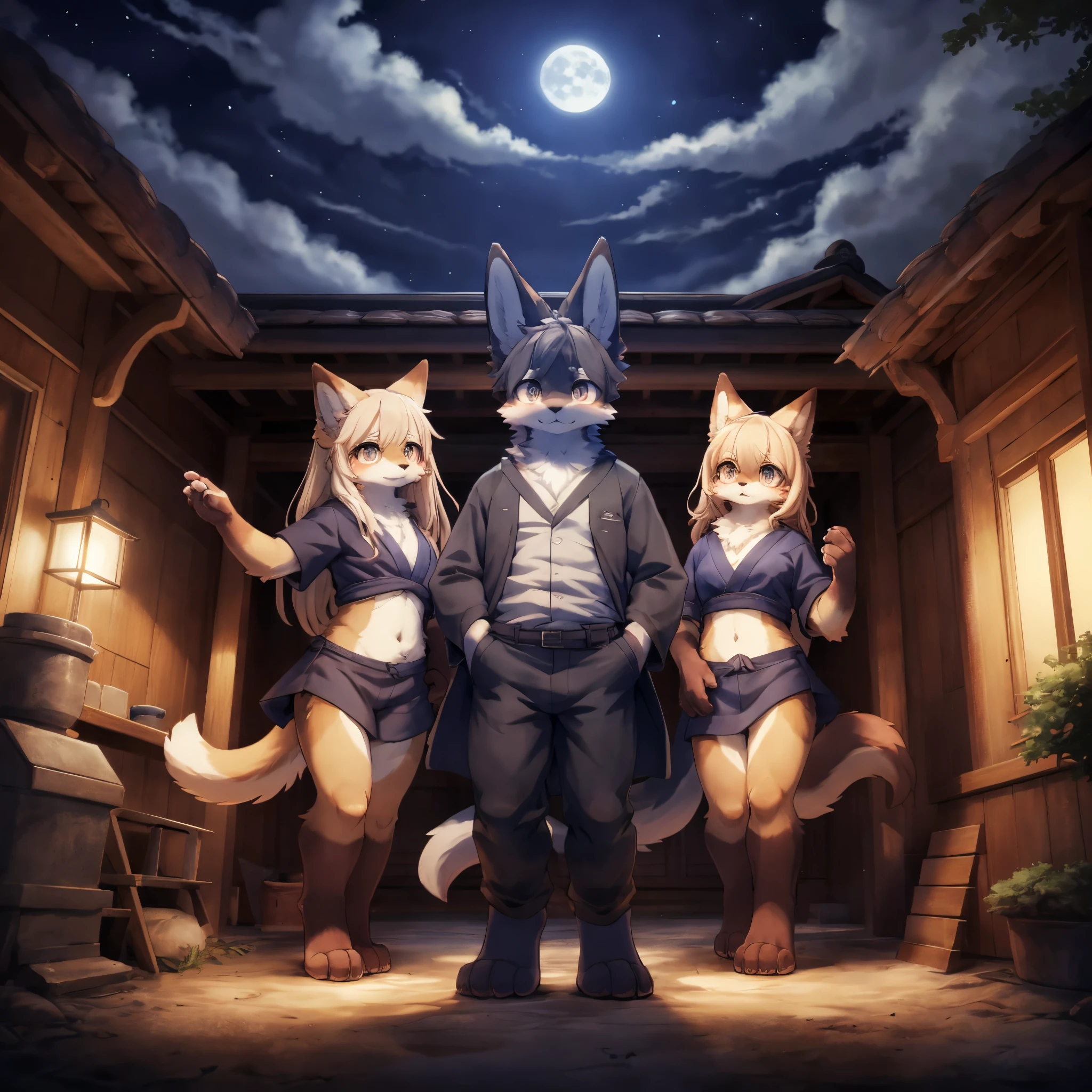 top quality, best quality, High-quality illustrations, masterpiece, super high resolution, detailed background, night, japanese house, swaying curtains, moonlight from windows, footprints on the floor, enigmatic presence, 6+boys, 6+girls, absurdres(highly detailed beautiful face and eyes)perfect anatomy, expression, good lighting, cinematic shadow(kemono, furry anthro)assorted poses, dynamic angle,