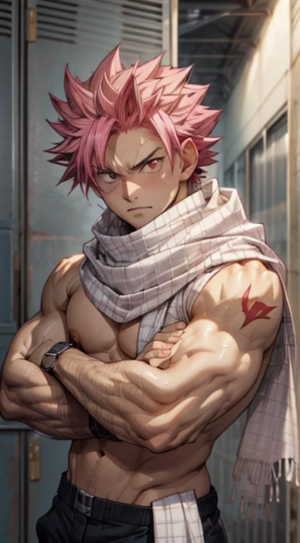 masterpiece, best quality red eyes, game cg, 1boy adult man, rugged adult face, solo, male focus, looking at viewer, upper body, Natsu Dragneel natsu_dragneel, pink hair, red eyes, shirtless naked, toned muscle, pectorals, 8 abs, toned legs, naked, slightly bulged, locker room, detailed, dynamic lighting, well lit, ((white scarf ))