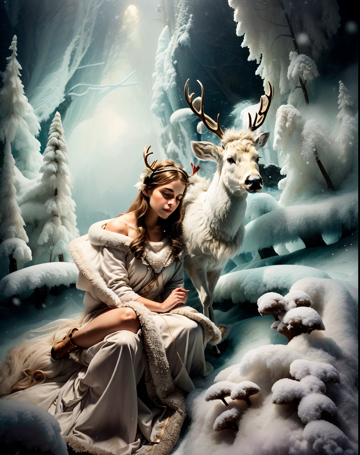 (Girl sitting with reindeer in the snow), (((((a cape made of deer skin falls from the shoulder into the foreground+++++))))), ((((turns smoothly into a snowdrift )))))), (put the deer's head on its side+++), (((graceful horns on the head))), Fantasy photography, fantasy matte painting, ((((Volume++)))), lost in a dreamy fairy landscape, The White Witch, Young woman with horns, beautiful nordic woman, with white deer, Realistic fantasy, photograph of pale ivory skin, Monia Merlo Placeholder Image, emma watson as the queen of ice