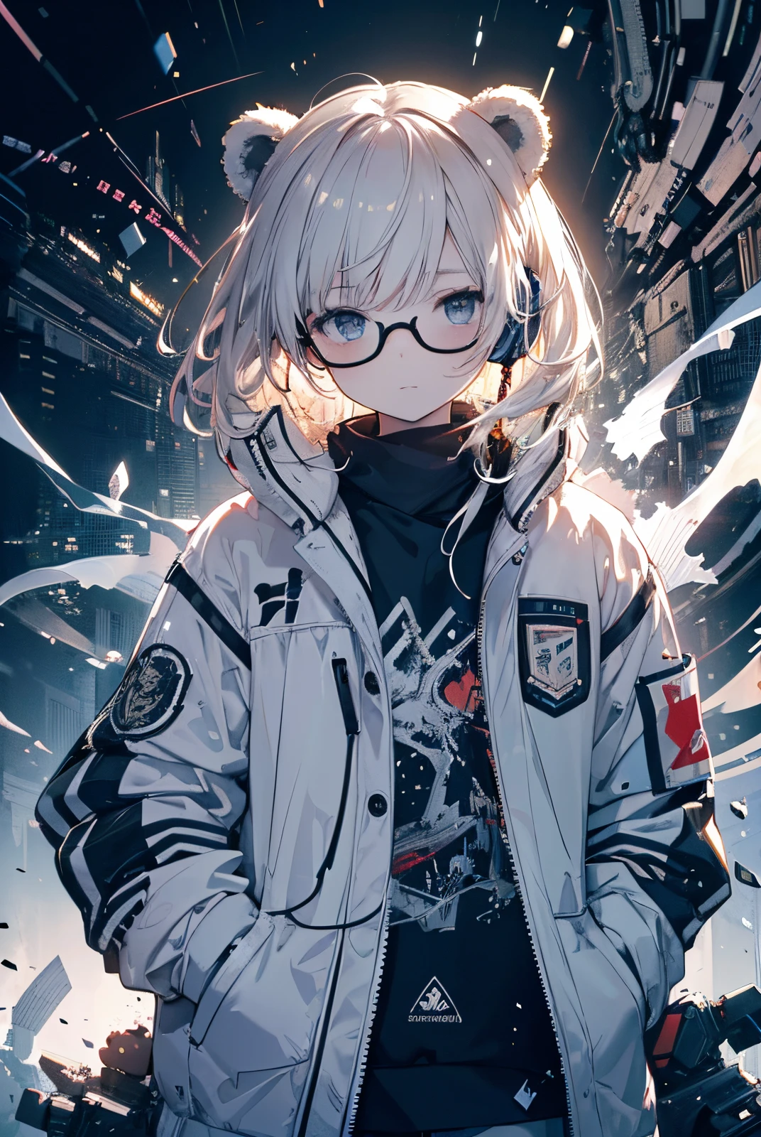 Perfect centering, Cute little bear, Wear a student team jacket, wears dark glasses, with headphones on, cheerful, stand posture, abstract beauty, Located in the center, looking at the camera in, facing at the camera, nearing perfection, dynamic, The content is very detailed, smooth private parts, Focus sharp, 8K, A high resolution, Lighting, Artwork by Carne Griffiths and Wadim Kashin, white backgrounid,schoolboy