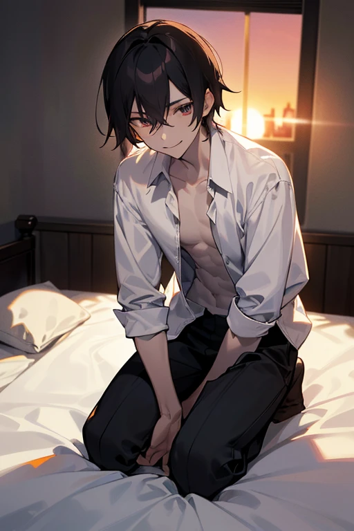 1 Boy, dark hair, white shirt, black slacks, on sheets, Long Sleeve Shirts, Fascinating, evil smile,(parted lips),collarbone, sunset,{open collar},(background: on bed in bedroom), high quality, high resolution, masterpiece