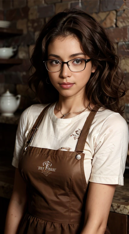 beautiful woman, age 18, very petite, curly brown hair, glasses, an apron with the words " rise up" on it , upscale coffee shop , she is leaning on the counter , turned sdeways, her face is turned toward us, head tilted , warm late day light