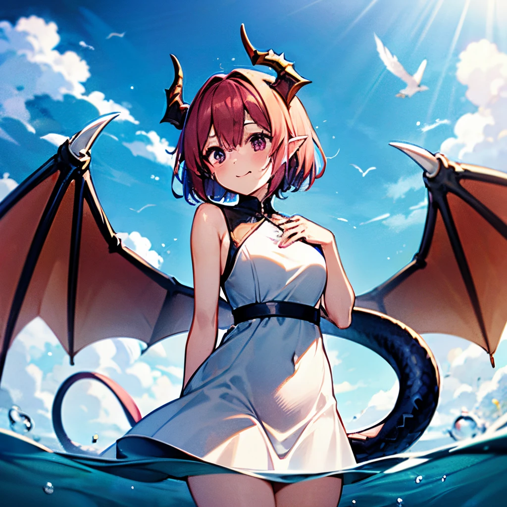 Dragon Girl　kawaii faces　Symmetrical Dragon Horn　symmetrical dragon wings　In the water　fine dress　Dragon's tail　short-hair　Flying in the sky　there are a lot of birds