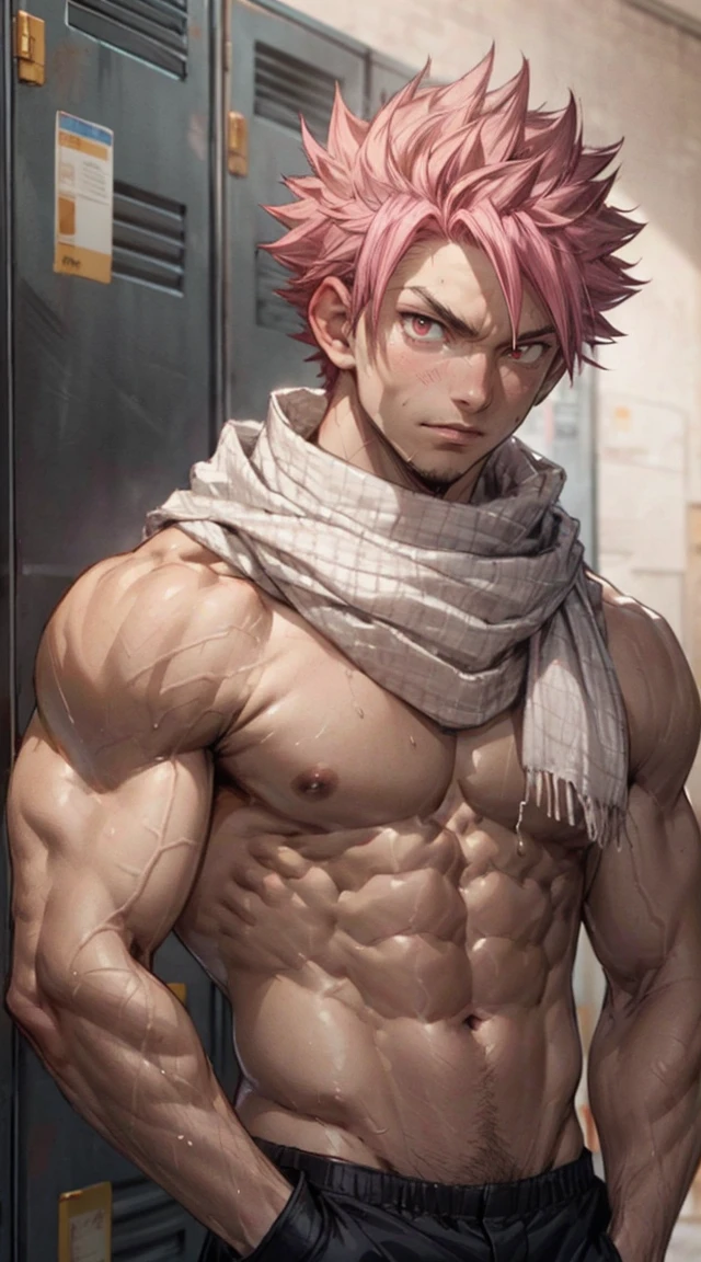 masterpiece, best quality red eyes, game cg, 1boy adult man, rugged adult face, solo, male focus, looking at viewer, upper body, Natsu Dragneel natsu_dragneel, pink hair, red eyes, shirtless naked, toned muscle, pectorals, 8 abs, toned legs, naked, slightly bulged, locker room, detailed, dynamic lighting, well lit, ((white scarf ))