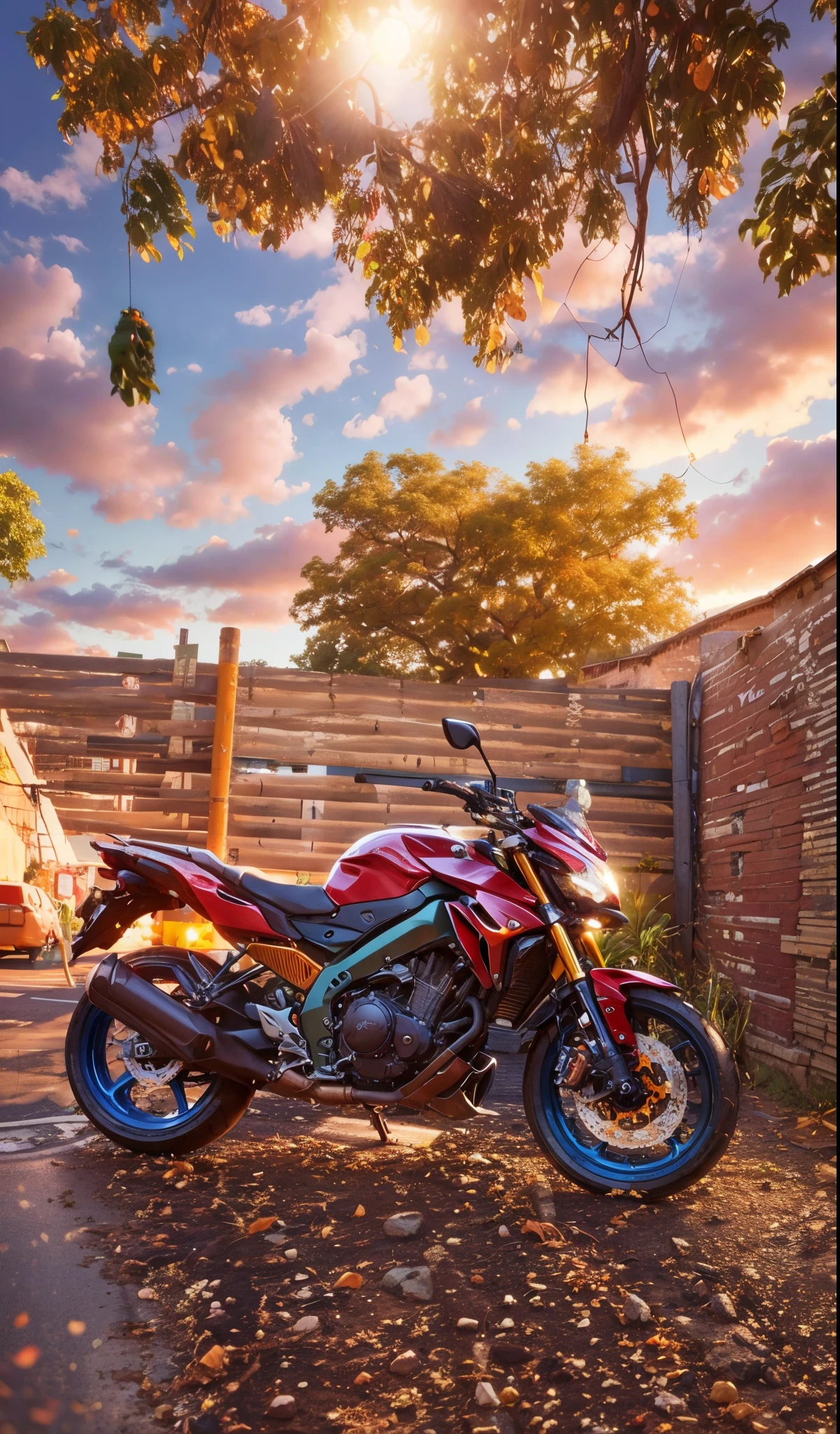 there is a motorbike parked on the street , taken with sony alpha 9, full front side, front image, taken with sony a7r camera, front side view, resolution 1128x191, viewed from the side!, taken in 2 0 2 0 , front profile, shot front, front profile!!!!, widescreen shot, front side, check background, bokeh