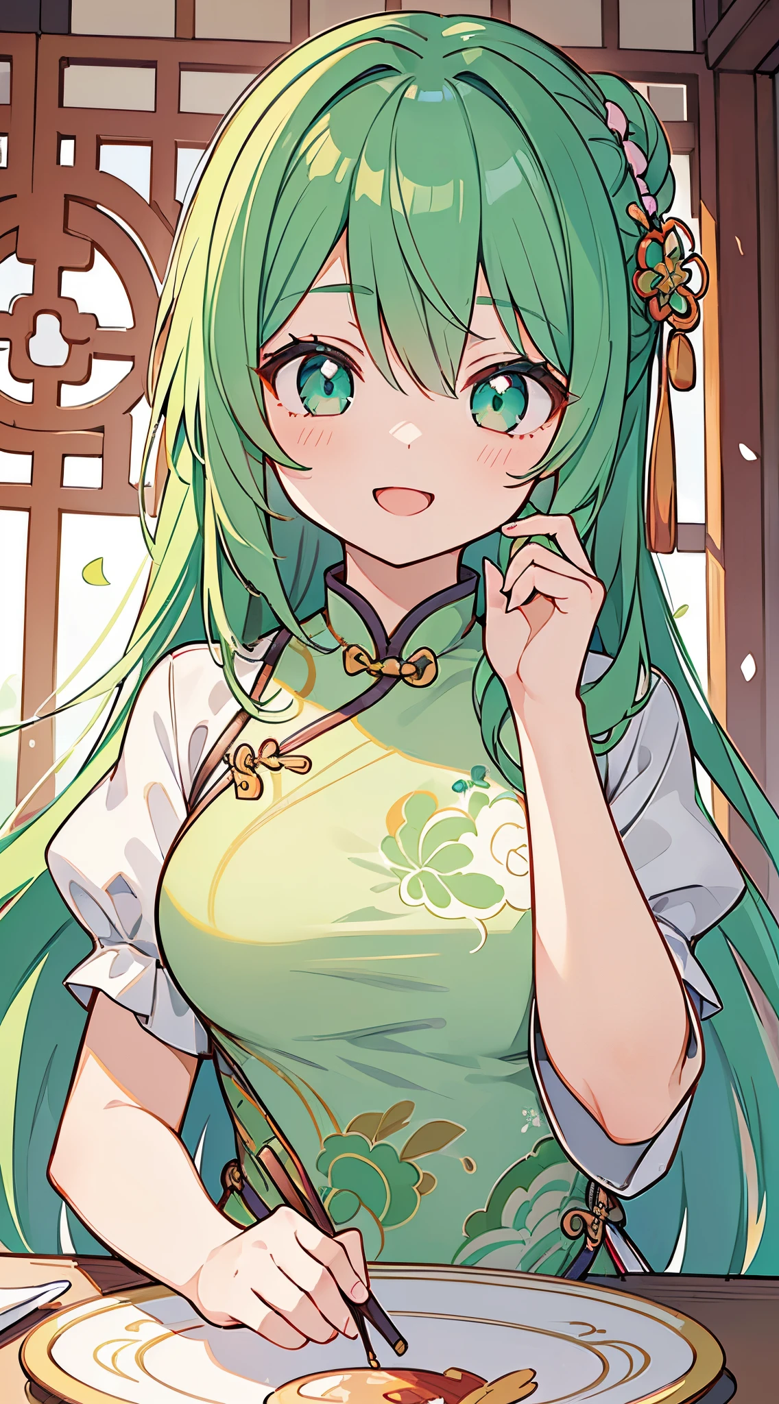 ((A Pretty girl wearing china dress:1.2))、Loli face、((master piece、top-quality、ultra-definition、high resolution))、anime girl、((ultra-detailed illust:1.2))、only one person、bangs、hair between eye、green colored hair、beautiful hair、random colored eyes、Beautiful eyes、medium breasts、Big smile、opened mouth、in the china restaurant