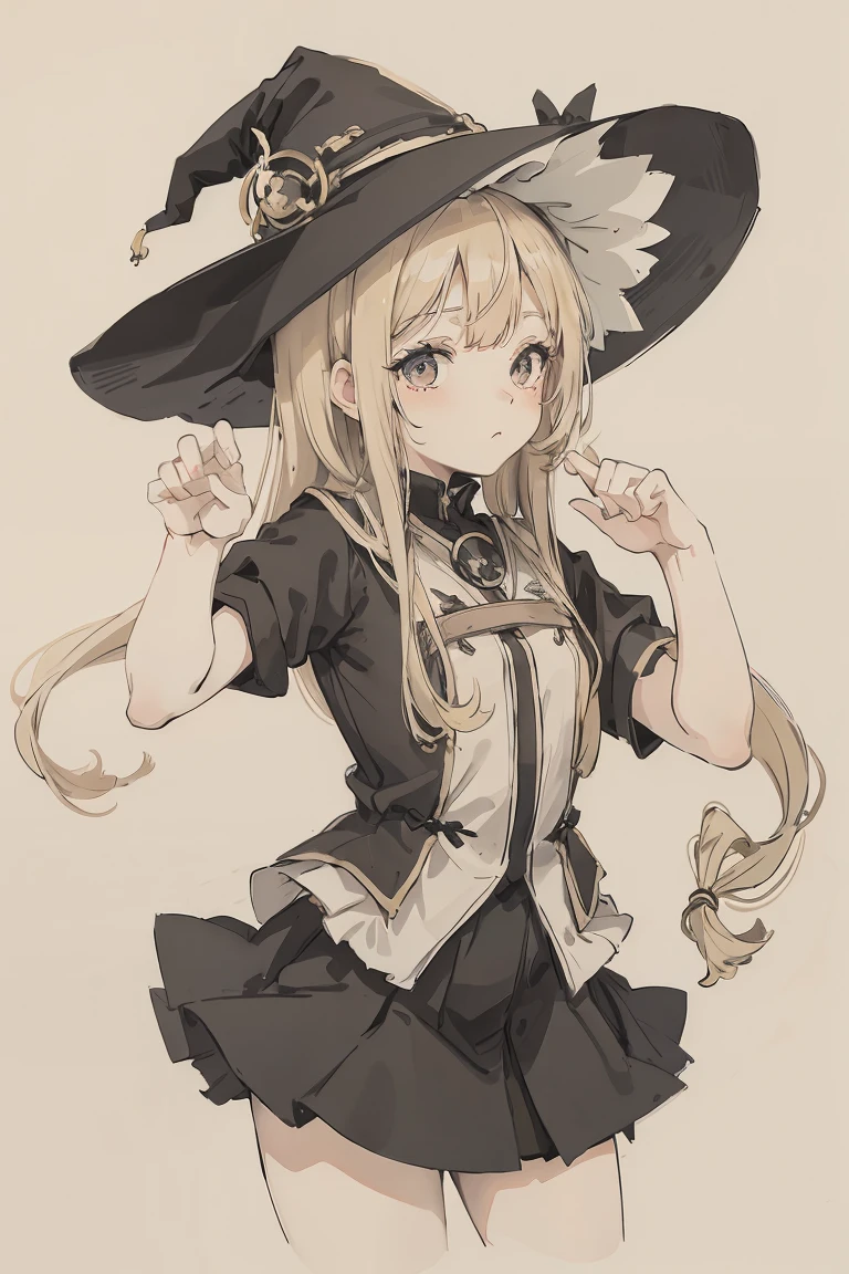 sparrow, a blonde haired girl, wearing a witch clothes, long hair, witch hat, short sleeves, black skirt, witch uniform, slim body, , curious face, praying pose