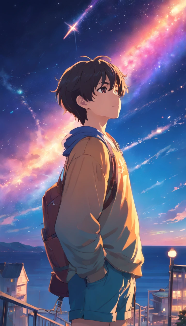 a boy,A half body,frontage,looking towards the audience,Be careful,The entire galactic starry sky,the sunset,云,a gorgeous,Twinkling starlight,boundless,endless sea