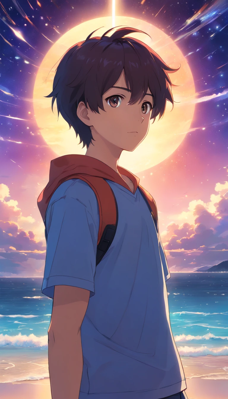 a boy,A half body,frontage,looking towards the audience,Be careful,The entire galactic starry sky,the sunset,云,a gorgeous,Twinkling starlight,boundless,endless sea