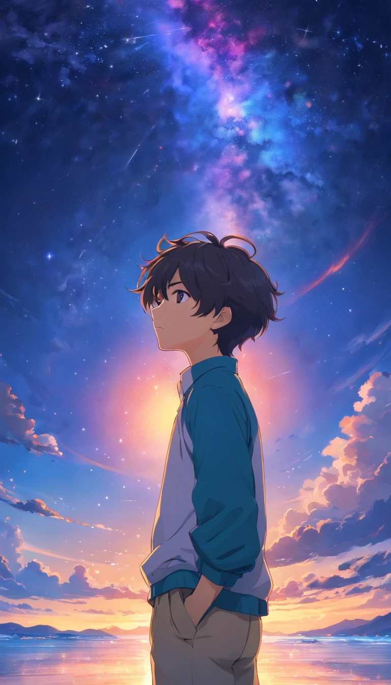 a boy,A half body,frontage,looking towards the audience,Be careful,The entire galactic starry sky,the sunset,云,a gorgeous,Twinkling starlight,boundless,endless sea