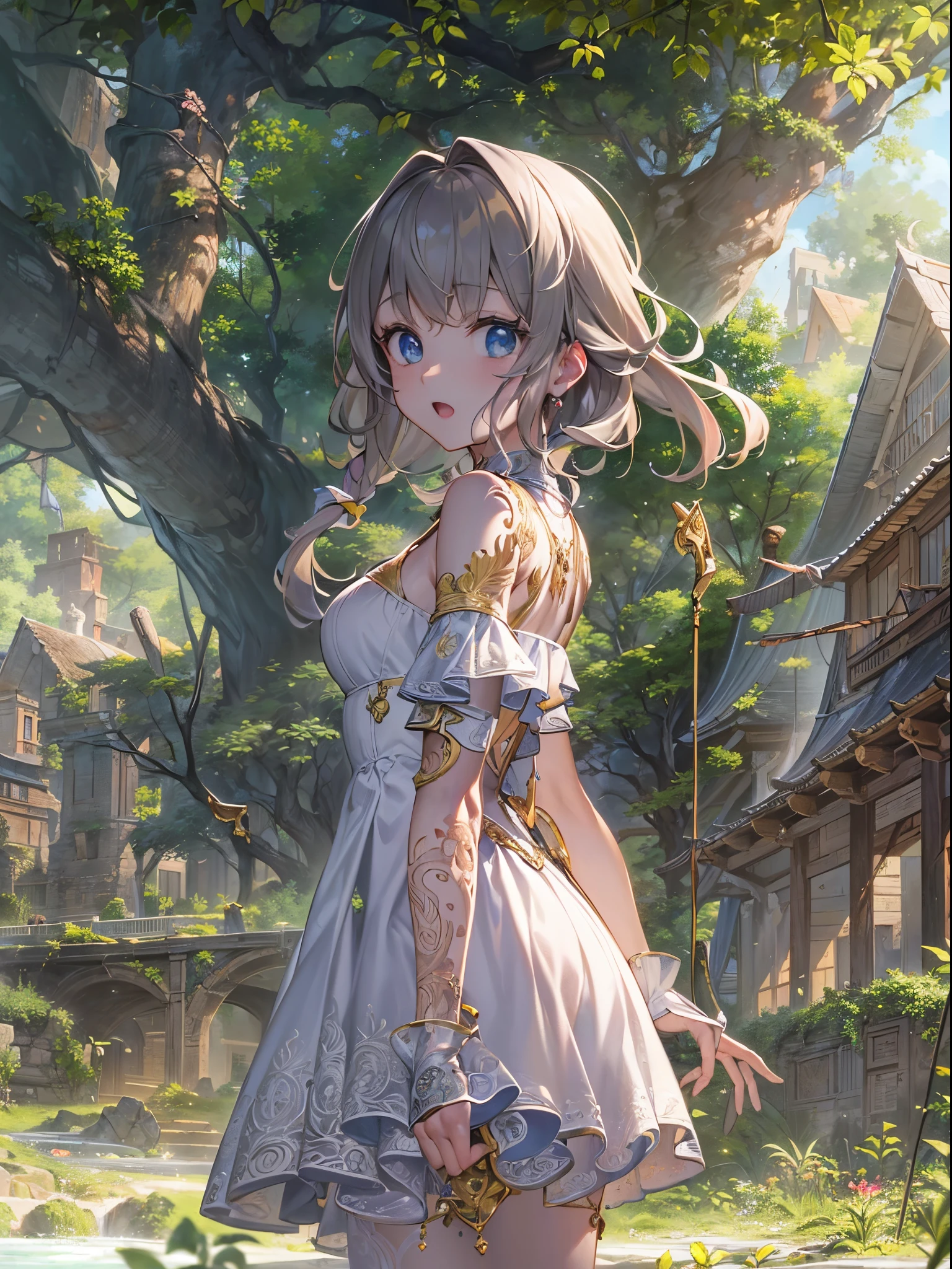 ((Finest quality)),(超A high resolution),(ultra-detailliert),(Meticulous portrayal),((Best Anime)),(Finest works of art),(Ultra-Precision Art),(The art of astounding depiction,Overwhelming depiction:1.5),(intricate and detailed art:1.6), (femele:1.6), Warm sunshine:1.6,floating particles of light:1.3, breezing:1.5, Ruins covered with vegetation:1.3