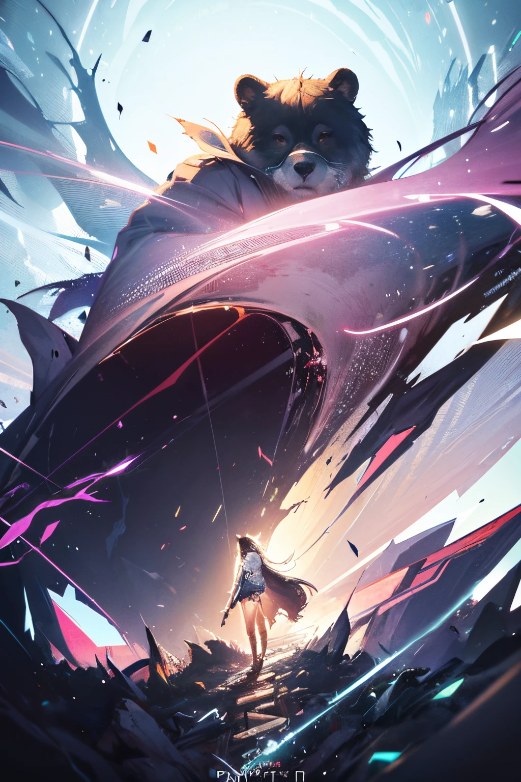Perfect centering, Cute little bear, Wear a student team jacket, wears dark glasses, with headphones on, cheerful, stand posture, abstract beauty, at centre, looking at the camera in, facing at the camera, nearing perfection, dynamic, The is very detailed, smooth private parts, Focus sharp, 8K, A high resolution, illustratio, Artwork by Carne Griffiths and Wadim Kashin, white backgrounid