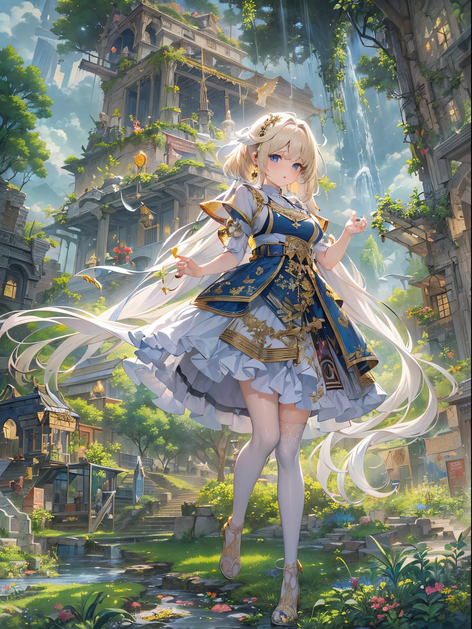 solo, standing skinny girl, long white hair, (white frilled white dress), (very short dress), (white frilled white tops), sheer dress, bared shoulders, too narrow corset cinches waist too tight, white thighhighs, white thigh strap, BREAK, red eyes, BREAK, golden tiaras, (carrying a saber at her waist:1.2), BREAK, (show off large perky breasts:1.2), bursting breasts, cleavage, collarbone, BREAK, skinny long legs, show off thigh gap, hand on hip, BREAK, smile for viewer, (nsfw:1), (slipping nipples)