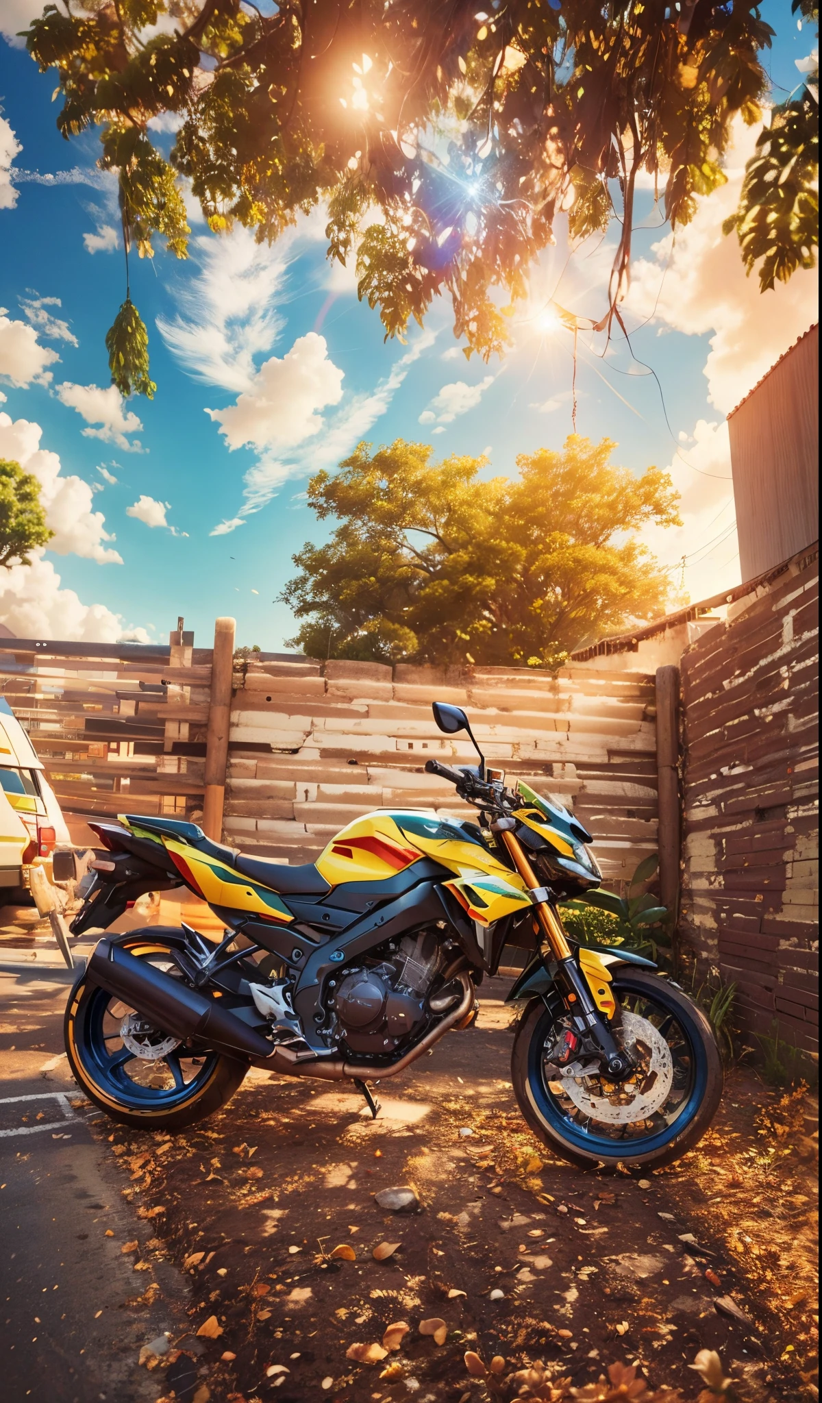 there is a motorbike parked on the street , taken with sony alpha 9, full front side, front image, taken with sony a7r camera, front side view, resolution 1128x191, viewed from the side!, taken in 2 0 2 0 , front profile, shot front, front profile!!!!, widescreen shot, front side, check background, bokeh
