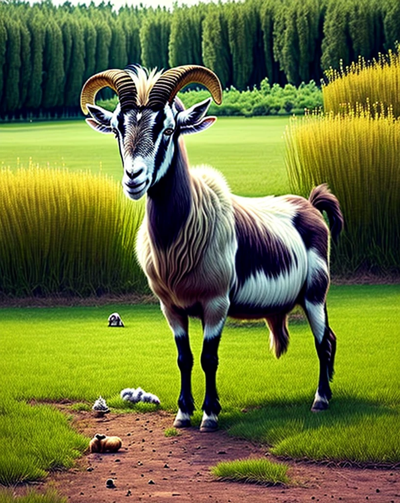 There is a goat standing on the grass eating something,