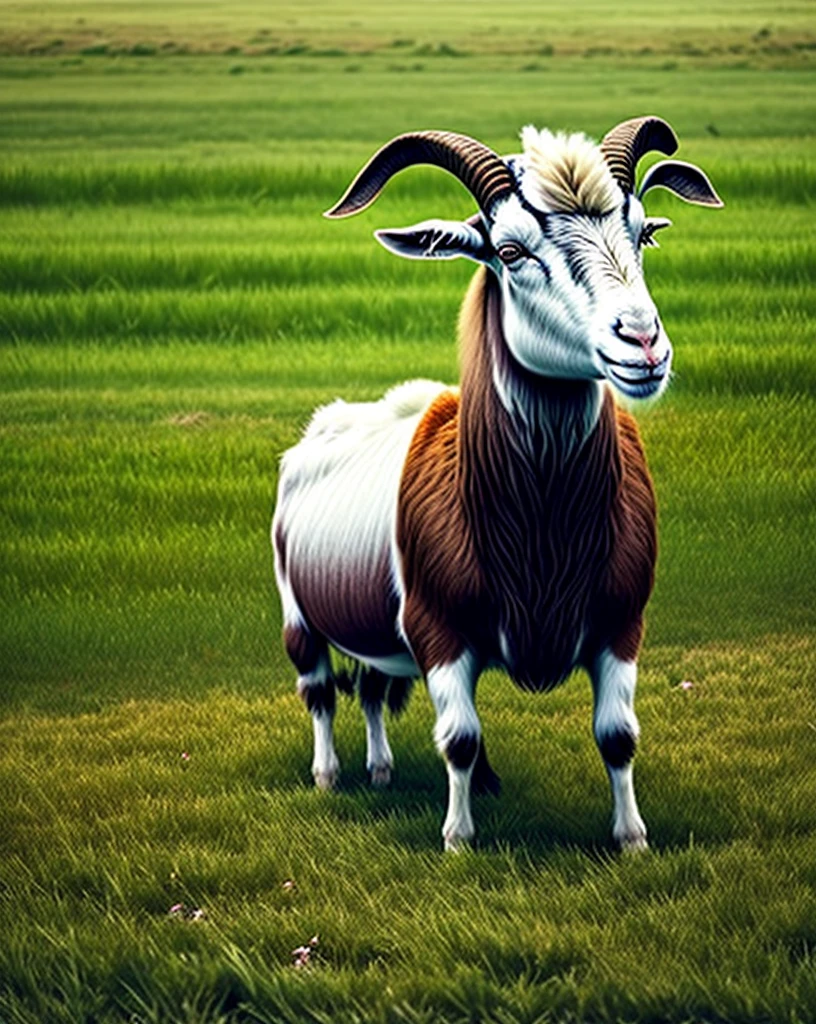 There is a goat standing on the grass eating something,