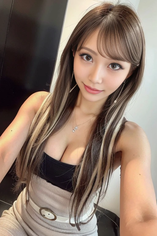 (Innocent and classy girls: 1.2), (long hair, bangs, pry open brown hair), (full body shot), (selfie pose on Instagram: 1.2), (big: 1.1), (cleavage), (smile: 1.2), (look up at the viewer), (best quality, oblablyma: 1.3), RAW photos, real, photottorial, waist constitution, beautiful legs, precise, anatomically correct, highly detailed face and skin texture, detailed eyes, double eyelids, natural cheeks, wet eyes, shiny small necklace and earrings, shiny lips: 1.4, waist constriction, beautiful legs,