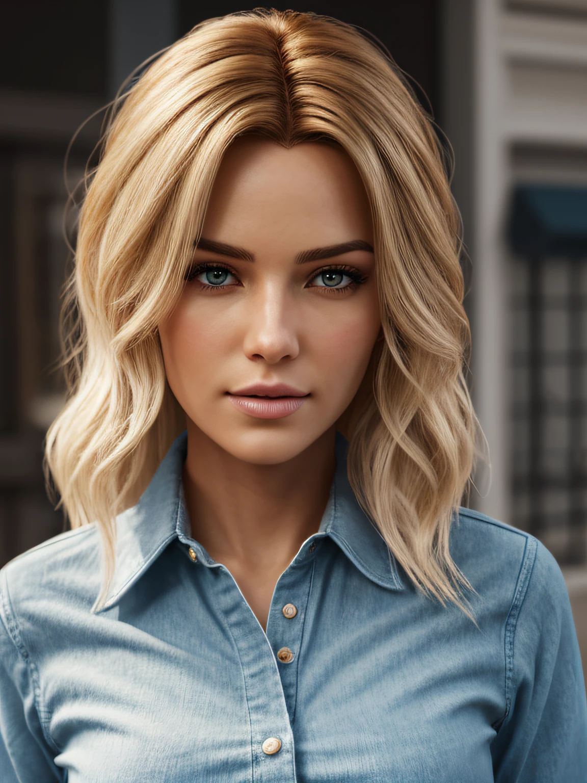 Photorealistic of an insanely beautiful woman with blonde, windigen, unordentlichen Haaren, Im Stil von Panasonic Lumix S Pro 50mm F/1.4, Hellbeige und dunkles Azurblau, Mashups for Celebrity Pictures, Sanfter Realismus, Barbiecore, Unreal Engine 5, 32k UHD, Leuchtkraft, Schweizer Realismus, Niji 5