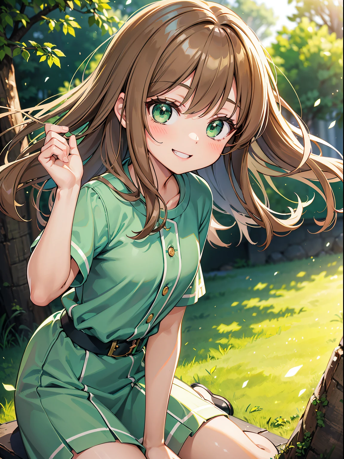 (RAW Photos, Best Quality), (animesque: 1.2), Portrait of 18 year old woman with light brown hair, Curled green eyes, Girlish and rock style, Smiling smile, Singing, (Leaning against a tree), Background blur, The depth of field is shallow, Professional Lighting, Photon mapping, Physically Based Rendering,