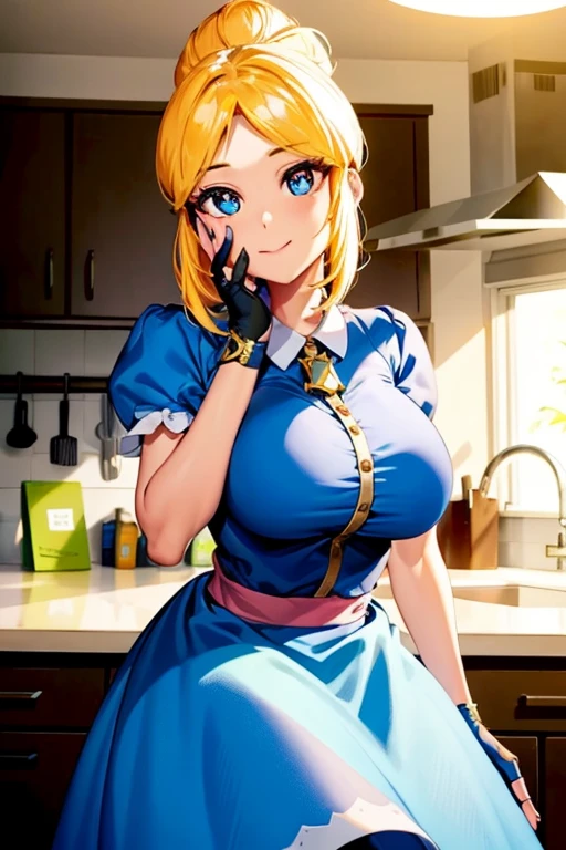 独奏, a 1girl, Piper, ssmile, looking a viewer, Huge-breasts, (hand on cheek:1.2), blonde woman, hair bun, blue dress, puffy short sleeves, partially fingerless gloves, kitchen, BREAK (Masterpiece:1.2), Best Quality, High Resolution, Unity 8k壁纸, (illustartion:0.8), (pretty eyes:1.6), extremely detailed face, perfect  lighting, extremely detailed CGI, (perfect arms, perfect anatomy)