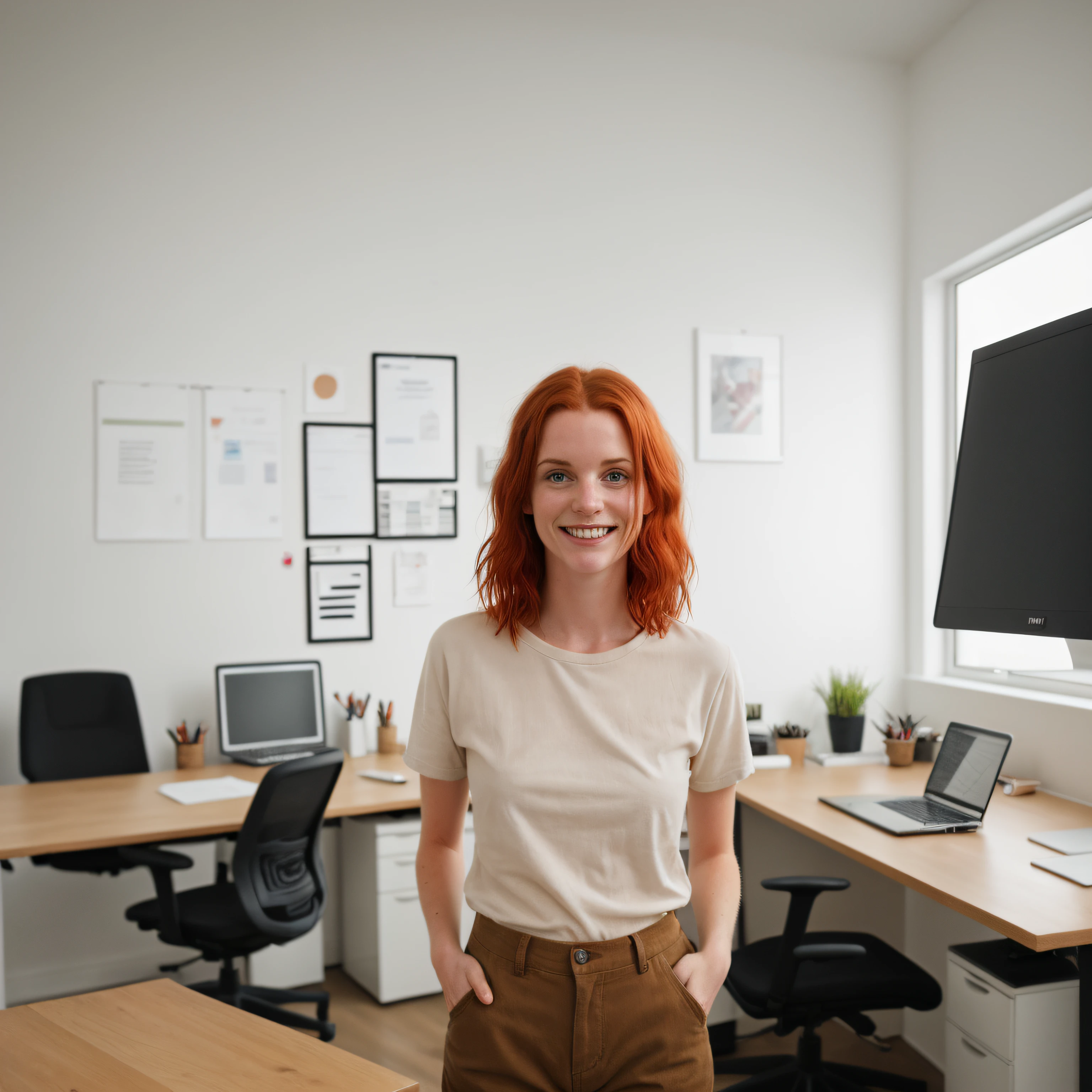 RAW Photo, DSLR BREAK a 1 young woman with red hair and medium breast (light smile:0.8), (smile:0.5), wearing relaxed shirt and trousers, causal clothes, (looking at viewer), focused, (modern and cozy office space), design agency office, spacious and open office, Scandinavian design space BREAK detailed, natural light, medium breast