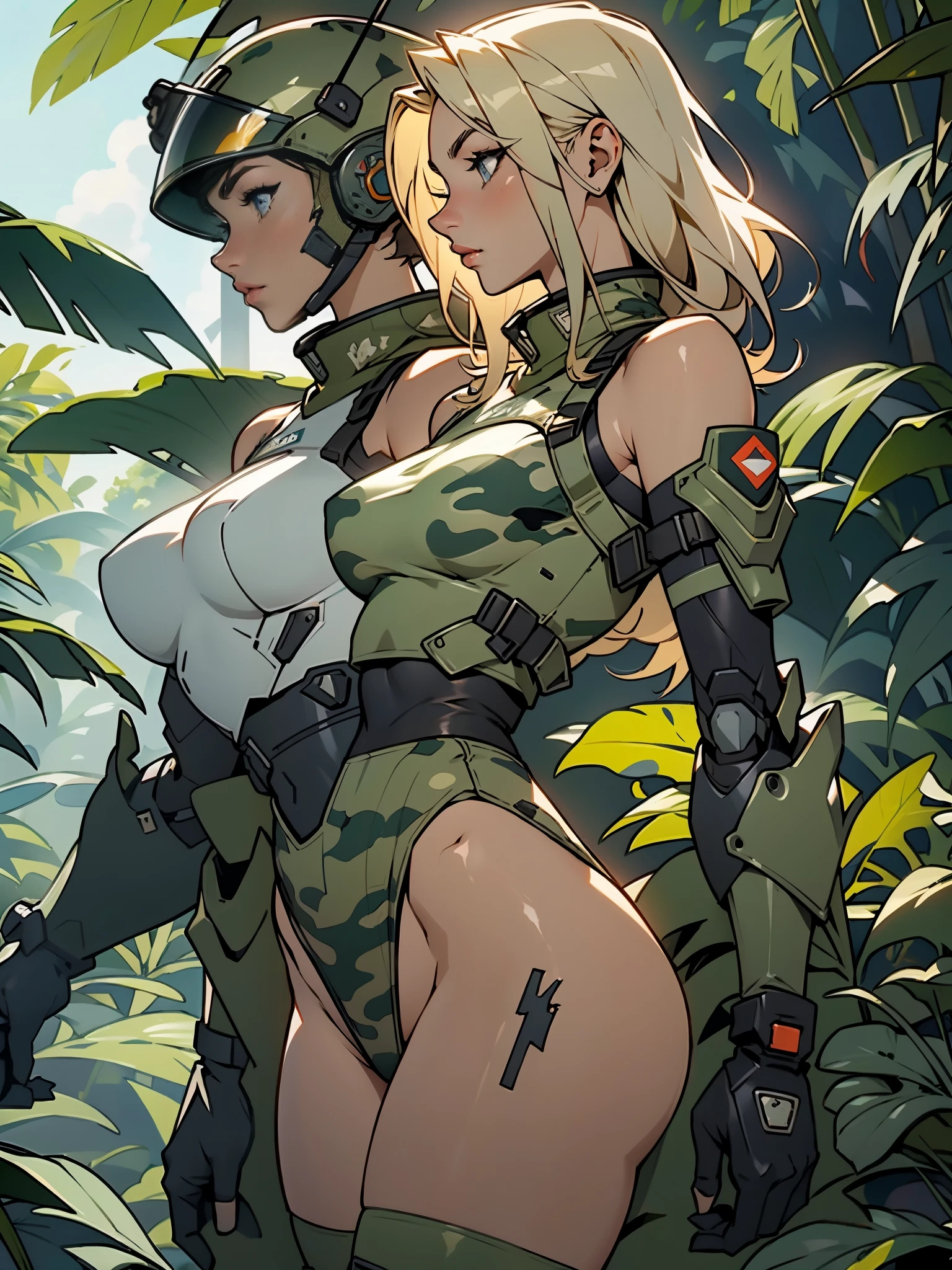 1woman 20 years old, max resolution, sculpted, military, wearing an army helmet, beautiful, perfect body, blonde hair, blue eyes, perfect body, thin waist, wide hips, large breasts, slim thighs, jungle background, armored vehicle, military robot dog, camouflaged uniform, tight panties, two-piece, highly detailed, high resolution, perfect hands, side view, camo, from the side, bare shoulders