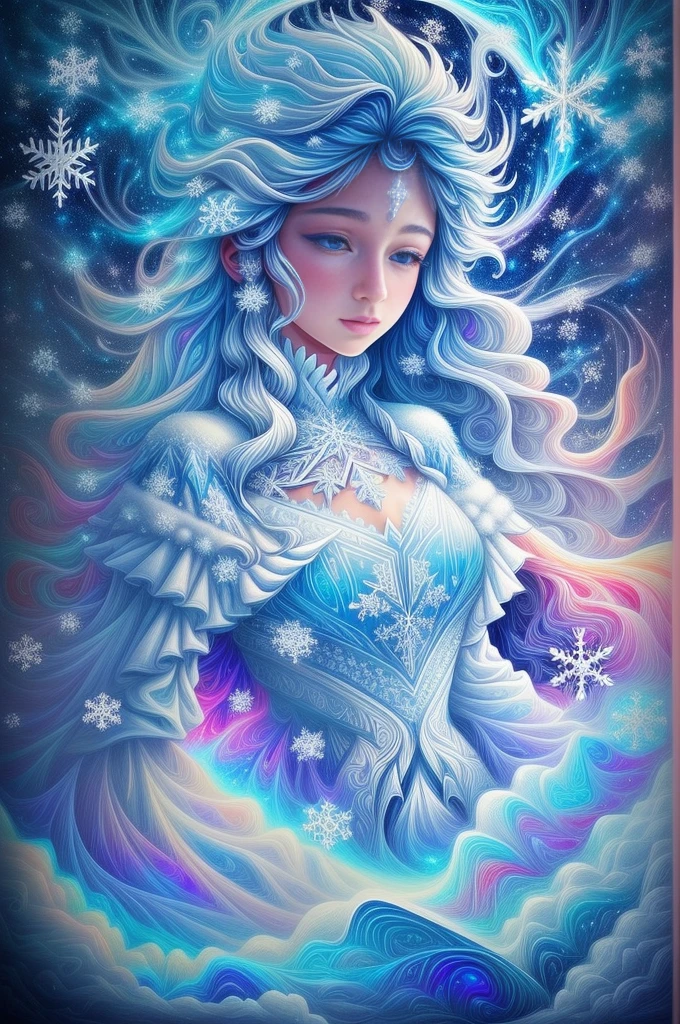 (Girl stands in front of white snow vortex: 1.5),((Pure white snowflakes, white snow around,The truth, expecting, depth of fields, insight, I got it, Monte, snow covered, translucent clouds, spectrum, in a panoramic view, snow cycle, Crazy, Web portals, The large, White light, global snowflake,The sky is covered with beautiful snowflakes)),Vibrant white light color,thickline,turbulent snowflakes,Multi-layered,foreground、Faraway view、fractal thunder dan mumford,danford and alex gray style,psychedelic surreal art,Surrealist psychedelic design,dream art style,Illusion psychedelic art,Infinite white snow psychedelic wave,inspired by Cyril Rolando (Cyril Rolando),Realistic snow ripple structure,Psychedelic snow art style,trippy art,psychedelic illustrations,(Alone),(RGB color,Ultra-high saturation)