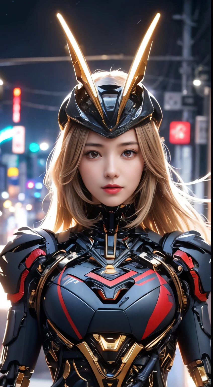 (1 Mechanical Girl)、top-quality、masterpiece、超A high resolution、(Photorealsitic:1.4)、Raw photo、1人、Golden hair、glowy skin、(((1 Mechanical Girl)))、(LED Lamp Mechanical Helmet)、(Small LED)、((super realistic details))、portlate、globalillumination、Shadow、octan render、8K、ultrasharp、Colossal tits、Raw skin is exposed in cleavage、metals、Details of complex ornaments、Japan details、highly intricate detail、Realistic light、CGSoation Trends、Red Eyes、radiant eyes、Facing the camera、neon details、(Mechanical limbs)、(blood vessels connected to tubes)、Mechanical vertebrae attached to the back、mechanical cervical attaching to neck、(Wires and cables connecting to the head)、Gundam、Small LED、,Mechanical thighs、Toostock、
