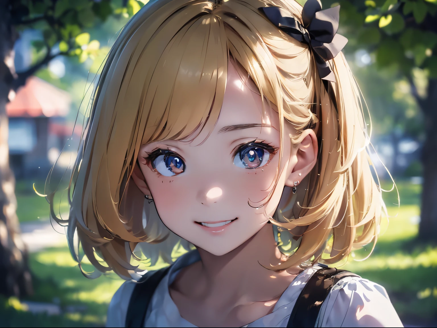 (Best Picture Quality, 4K, High Quality, Masterpiece:1.2), ((Masterpiece)), High Detail, High Quality, (HDR,16k, RAW Beautiful Girl Portrait, Best Picture Quality, Masterpiece:1.2), (Ultra-Definition Illustration), extremely cute, round face, smile, park, (blond wavy short hair),