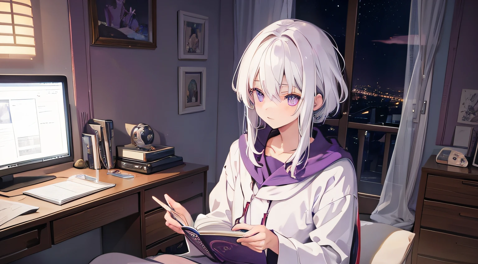White hair, a purple eye, and soft, A boy studying in his room,In Studio Ghibli style,At night