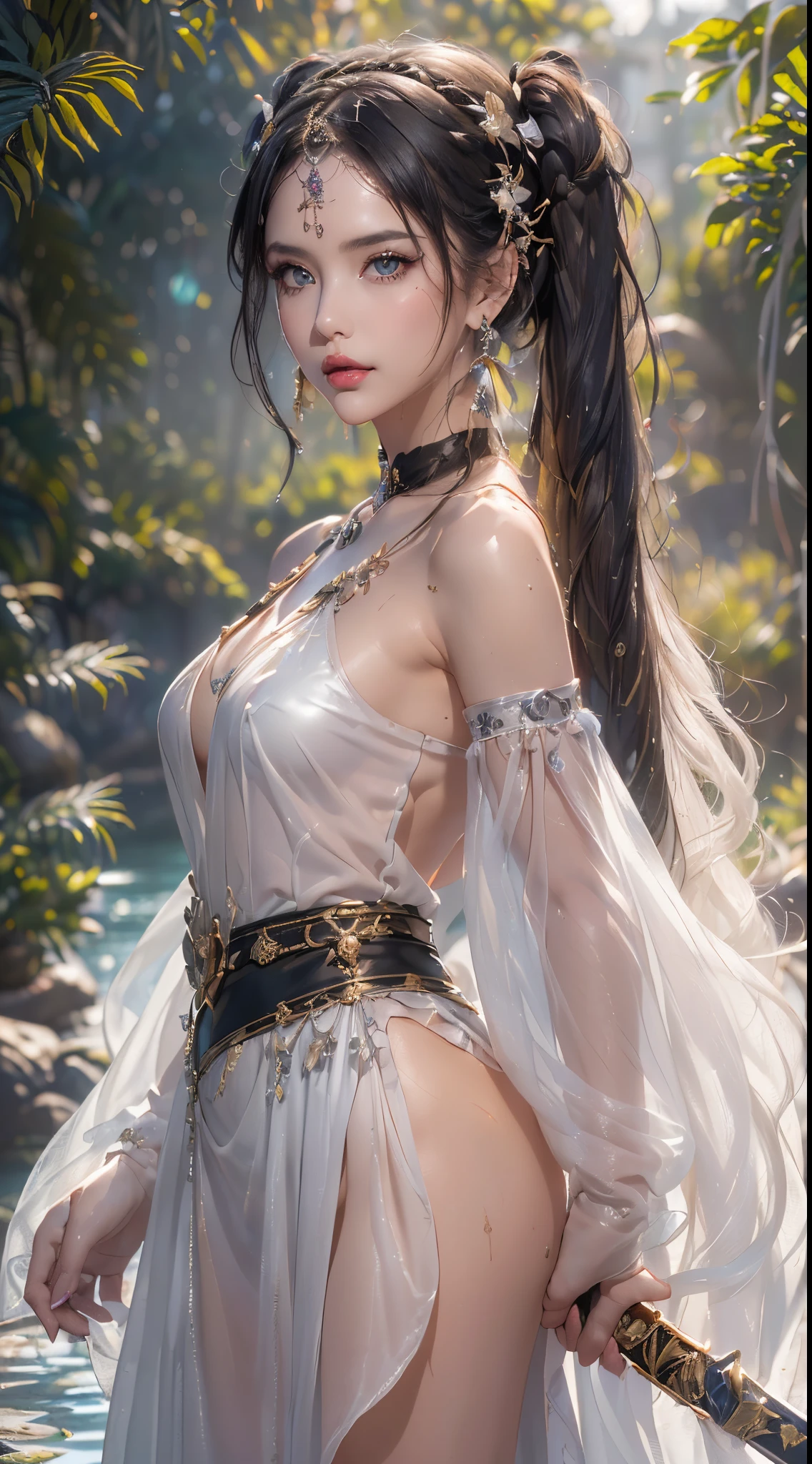 (masterpiece),(best quality:1),(ultra highres:1),wallpaper,detailed illustration,detailed beautiful skin,dewy skin,sweaty skin,perfect ligthing,(front focus),(very_long_legs:0.8),(torn pantyhose:1),(idolmaster shiny colors,Cowboy Shot,topless,straight black hair,absurdly long hair:1.5),((1girl, weapon, long hair, sword, looking at viewer, dress, solo, twintails, water, holding, bow, breasts, white dress, katana, outdoors, very long hair, holding sword, holding weapon, detached sleeves, hairband, from side, silver hair, hair bow, lips, black bow, sheath, bare shoulders, rock, closed mouth, grey eyes, standing, å å°„, sheathed, nose, ripples, white hair, pink nails, realistic, choker, blue eyes, lake, medium breasts, upper body, see-through, jewelry, fingernails, ribbon, makeup, wading, small breasts, black hairband, earrings, bangs, looking to the side, nail polish, red lips, hair ribbon, eyelashes, solo focus, pond, see-through sleeves, lens flare, sunlight, sleeveless dress, black ribbon, expressionless, skirt, sleeveless, glint, grey hair, long sleeves, pink lips, lipstick, halterneck, sky, shadow, blush, ponytail, black choker, partially submerged, sun, night, parted lips, ocean, blurry, day, artist name, sash, parted bangs, shiny, pale skin, arm at side, grass, scabbard, hair ornament, shiny skin, mascara, wet, sideboob, pillarboxed))