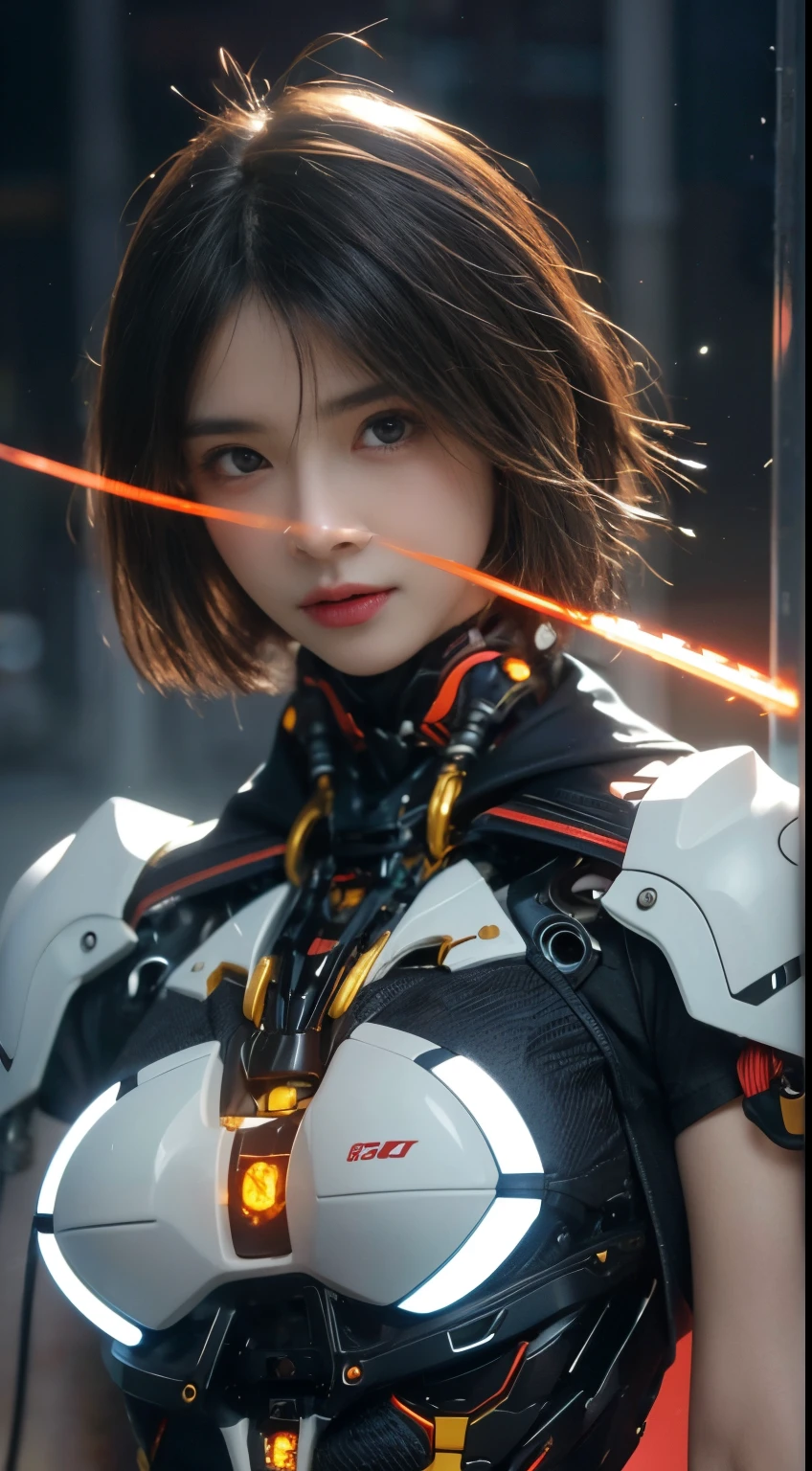 (1 Mechanical Girl)、top-quality、​masterpiece、超A high resolution、(Photorealsitic:1.4)、Raw photo、女の子1人、Golden hair、glowy skin、(((1 Mechanical Girl)))、（LED Lamp Mechanical Helmet）、(Small LED)、((super realistic details))、portlate、globalillumination、Shadow、octan render、8K、ultrasharp、Colossal tits、Raw skin is exposed in cleavage、metals、Details of complex ornaments、Japan details、highly intricate detail、Realistic light、CGSoation Trends、Red Eyes、radiant eyes、Facing the camera、neon details、(Mechanical limbs)、(blood vessels connected to tubes)、Mechanical vertebrae attached to the back、mechanical cervical attaching to neck、(Wires and cables connecting to the head)、Gundam、Small LED、,Mechanical thighs、Toostock、