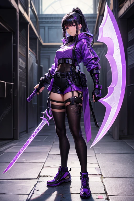 ((best quality)), ((masterpiece)), (detailed), perfect face, detailed, full body, pose, purple, neon, hack, slash, weapon, axe, sword, streetwear, techwear