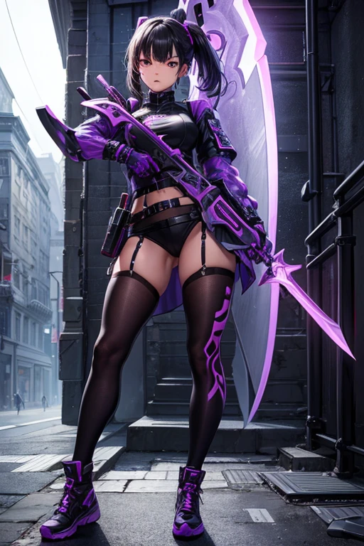 ((best quality)), ((masterpiece)), (detailed), perfect face, detailed, full body, pose, purple, neon, hack, slash, weapon, axe, sword, streetwear, techwear