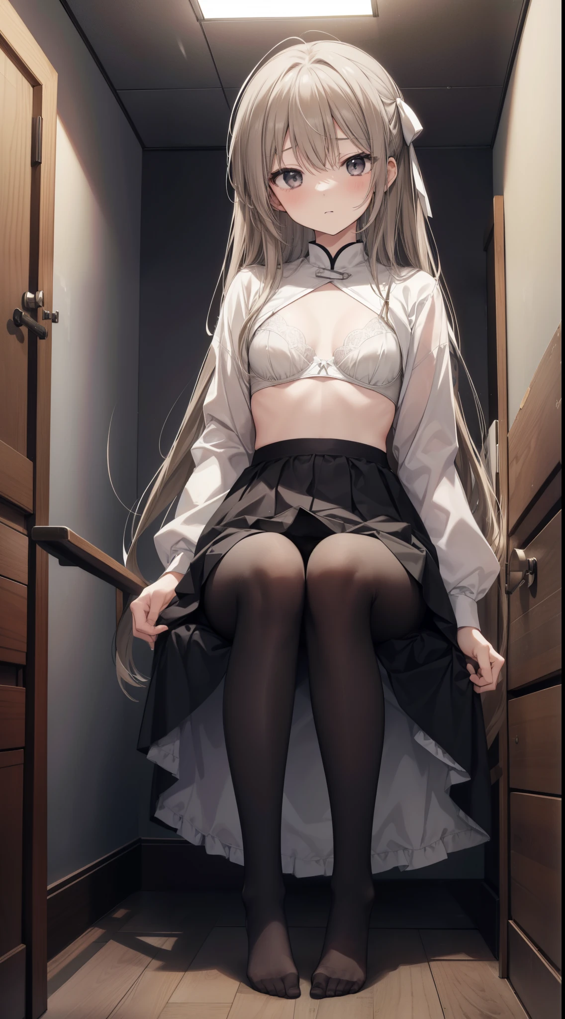 Minoru Kasugano、A 22-year-old girl with a slim and tall body who seems to be in pain as her hands are tied with dark gray rope in the basement.、独奏、Full body portrait from head to toe、Composition from the front、small tits、very long light brown hair、Pained look、watching at viewers、black pantyhose、black tights、white panty、Pure white panties、White bra、Pure white bra、No shoes on、inside in room