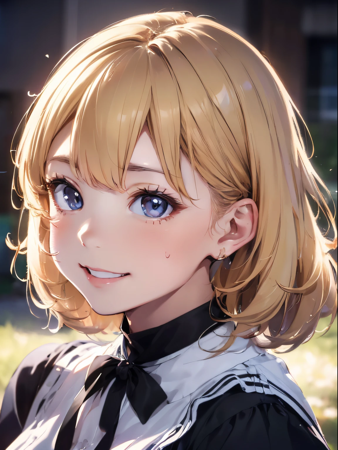 (Best Picture Quality, 4K, High Quality, Masterpiece:1.2), ((Masterpiece)), High Detail, High Quality, (HDR,16k, RAW Beautiful Girl Portrait, Best Picture Quality, Masterpiece:1.2), (Ultra-Definition Illustration), extremely cute, round face, smile, park, (blond wavy short hair),