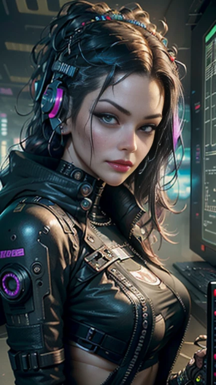 ((Best quality)), ((masterpiece)), (highly detailed:1.3), 3D, beautiful face same Liv Tyler (cyberpunk:1.3) hacker woman with thick voluminous hair operating a computer terminal, nsfw