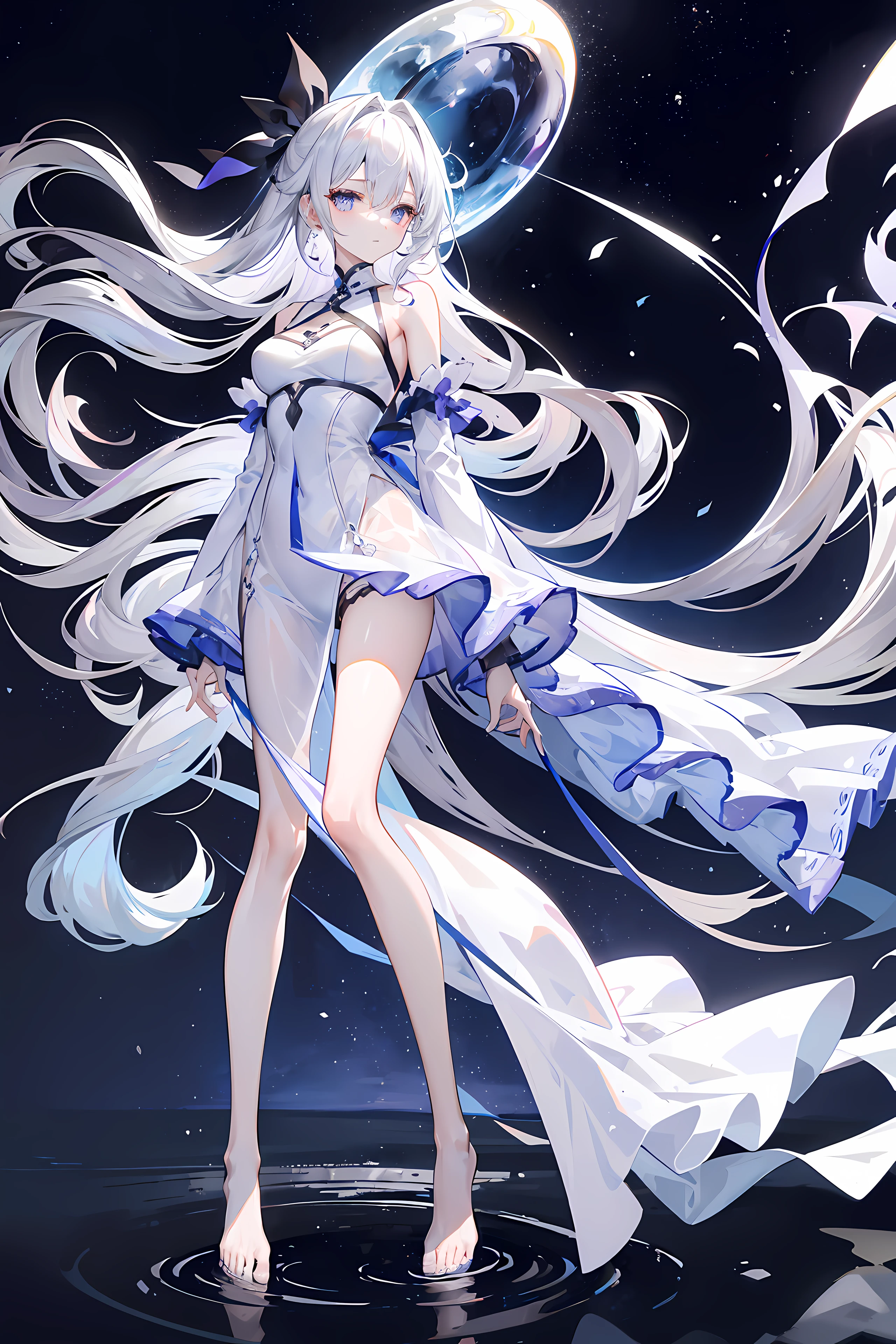 Lilac gradient hair,Asymmetrical hair,((Hair is very thick 1.8,Hair is well-defined1.6)), Hair over the shoulder, messy hair, Very long hair, shinny hair,(Long gray hair:1.2),A beautyful girl,(Luxury Platinum Mini Ultra Short Platinum Lolita,Made of transparent material),(Transparent clothes transparent 1.8),perfect body figure,Large slender legs,slenderness,(looking sad,Haggard complexion ,grieves,close your mouth:1.2) Against the backdrop of an unusually bright dark starry sky,(Place your hands behind your back),(Round,tuba, firm breast),The barefoot,afloat,waterface,(long leges,long leges,long leges,Perfect leg shape),fully body photo。